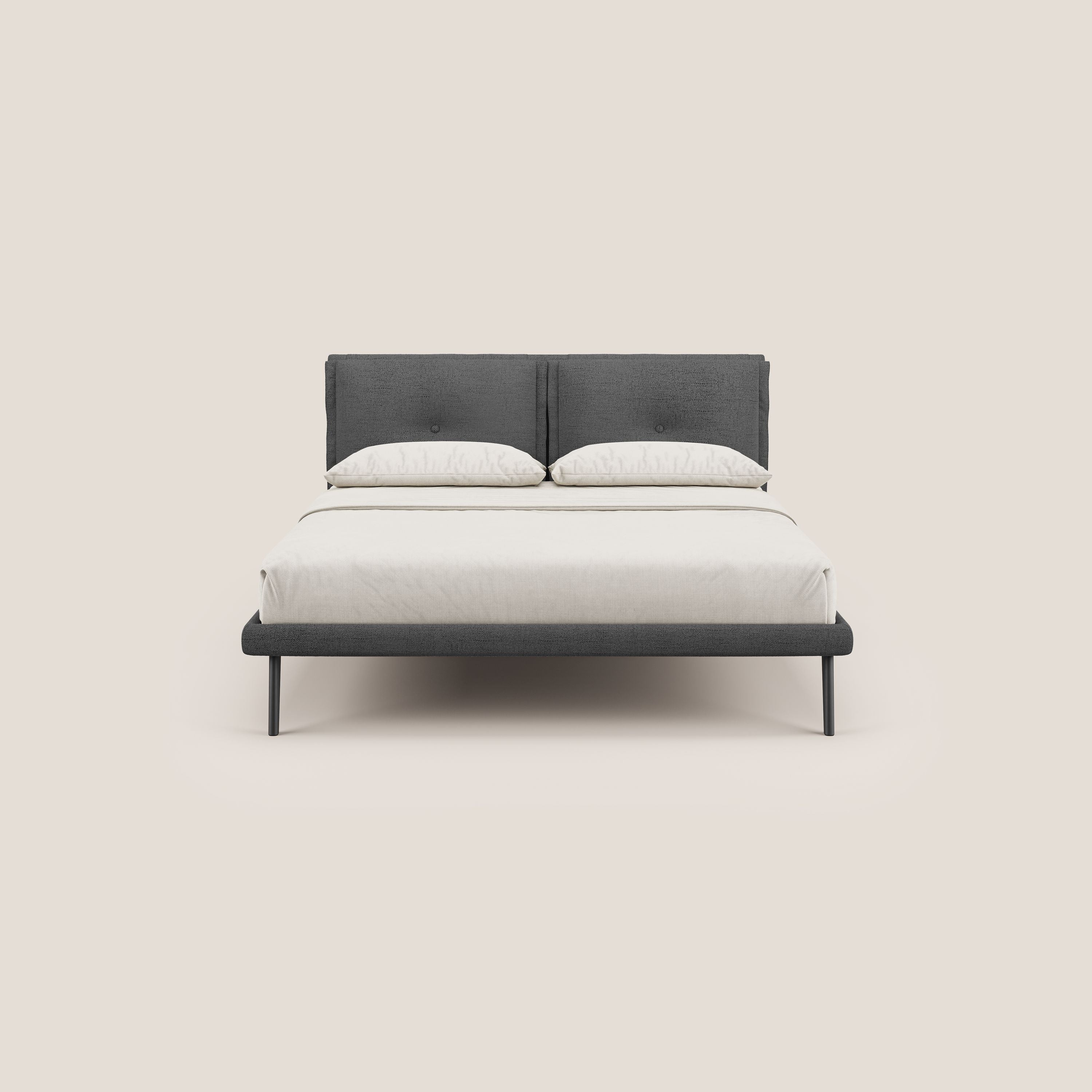 Ibuki letto con cuscini trapuntati regolabili e piedi in mogano in tessuto fiammato impermeabile T03 grigio - divani.store