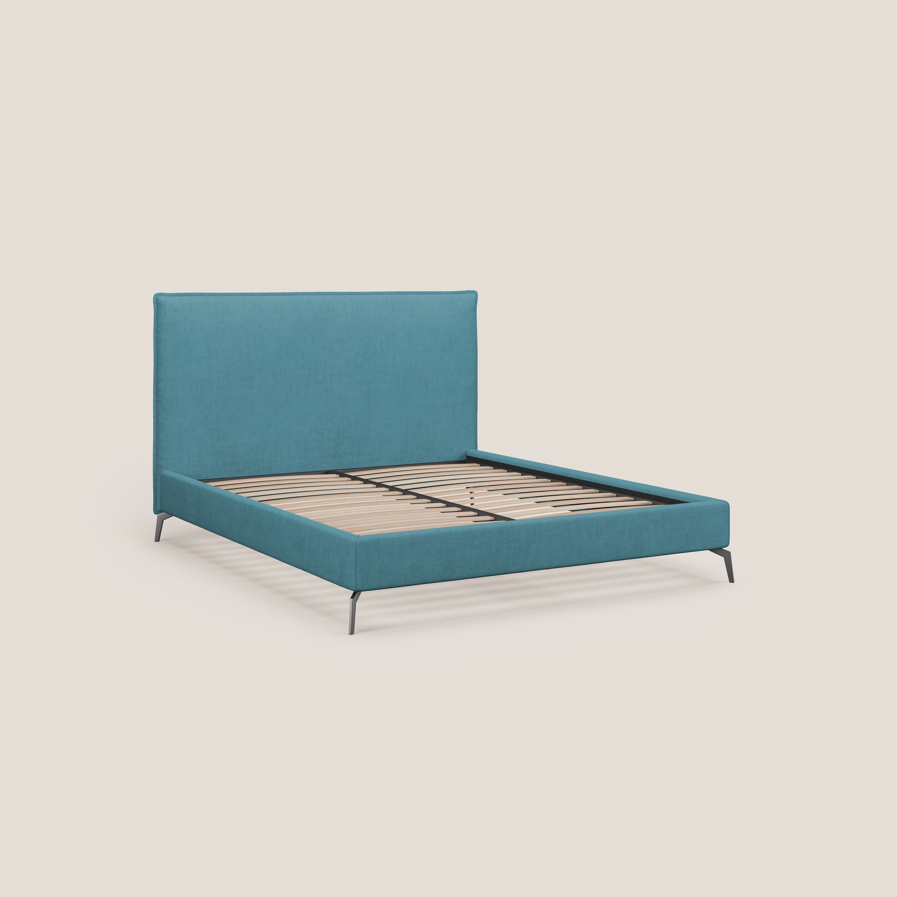 Iris letto imbottito con piedini neri sfoderabile in tessuto impermeabile T02 azzurro - divani.store
