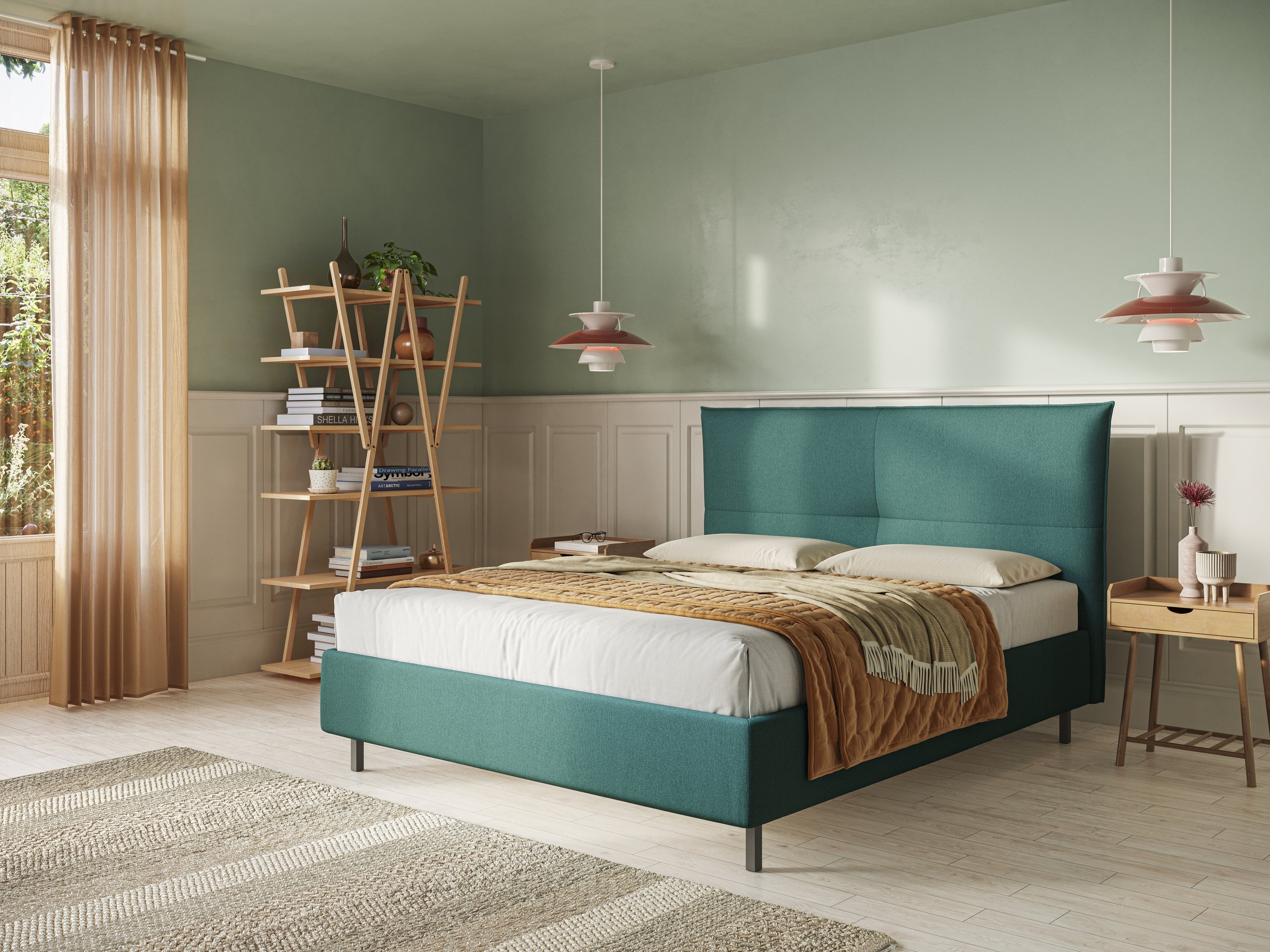 Izumi letto imbottito contenitore con piedi alti in tessuto smacchiabile T05 verde - divani.store