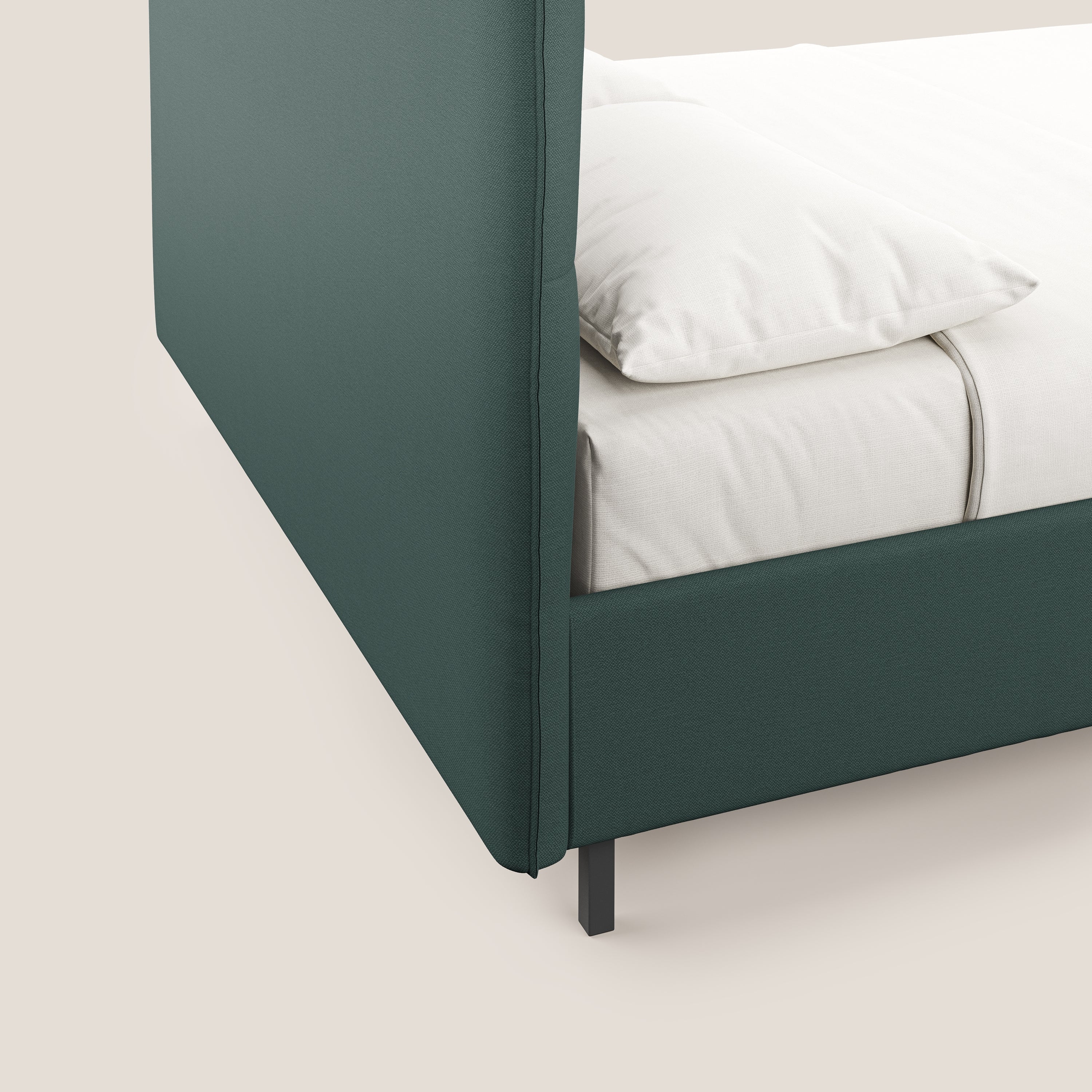 Izumi letto imbottito contenitore con piedi alti in tessuto smacchiabile T05 verde - divani.store
