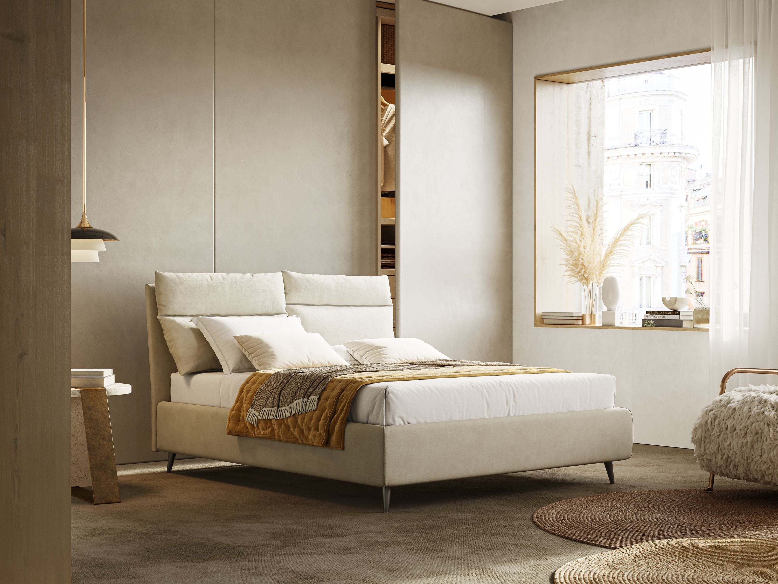 Jerry letto imbottito contenitore e cuscini reclinabili in tessuto smacchiabile T17 panna - divani.store