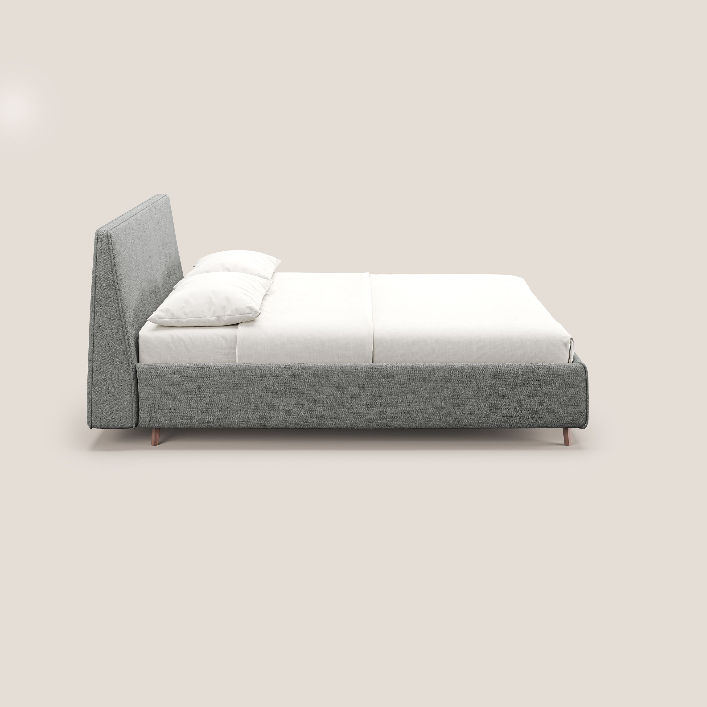 Justin letto imbottito contenitore e sfoderabile in tessuto fiammato impermeabile T03 grigio chiaro - divani.store