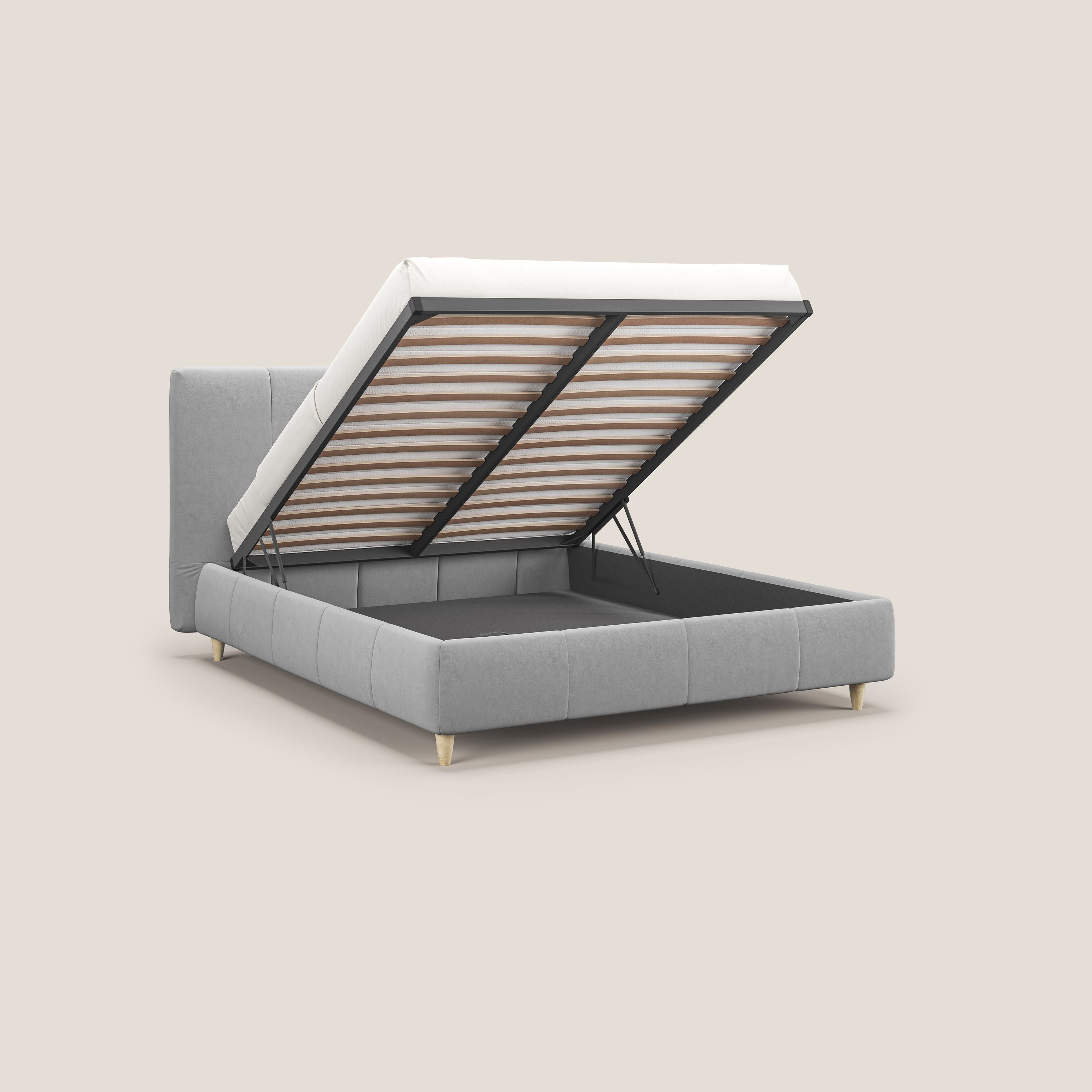 Laura letto imbottito contenitore e sfoderabile in microfibra velluto impermeabile T09 grigio chiaro - divani.store