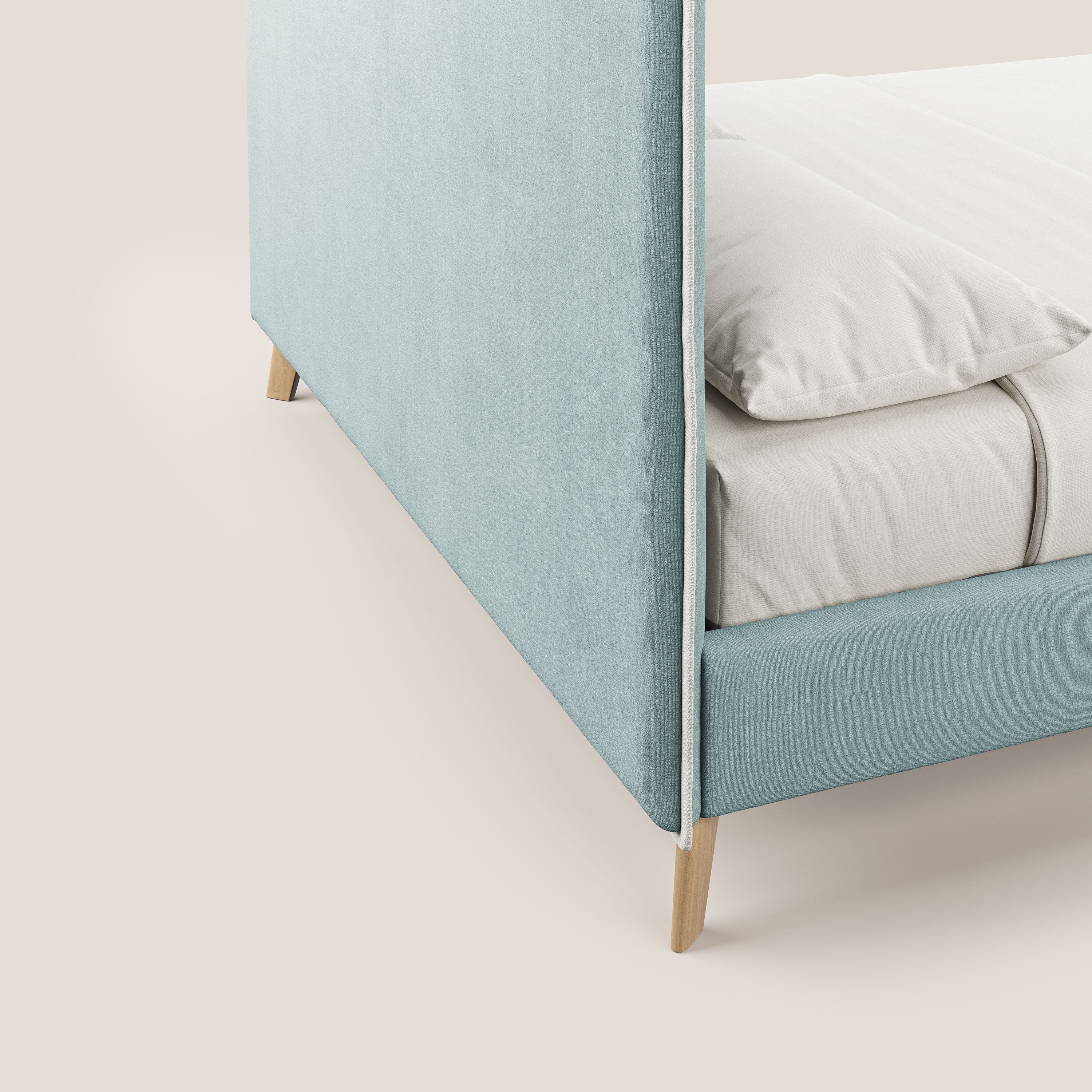 Leila letto imbottito con piedini legno in tessuto smacchiabile T17 verde acqua - bianco - divani.store