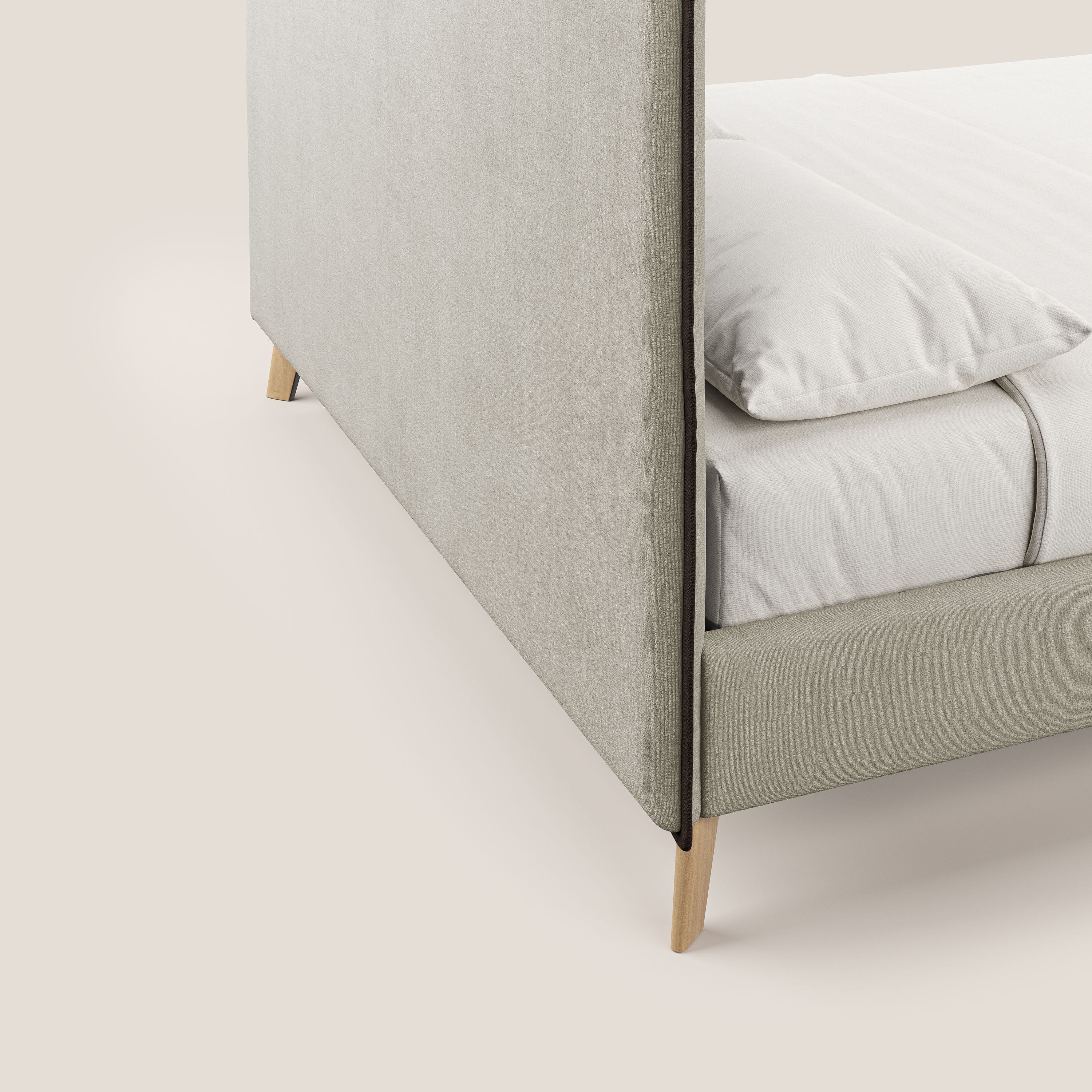 Leila letto imbottito con piedini legno in tessuto smacchiabile T17 panna - marrone - divani.store