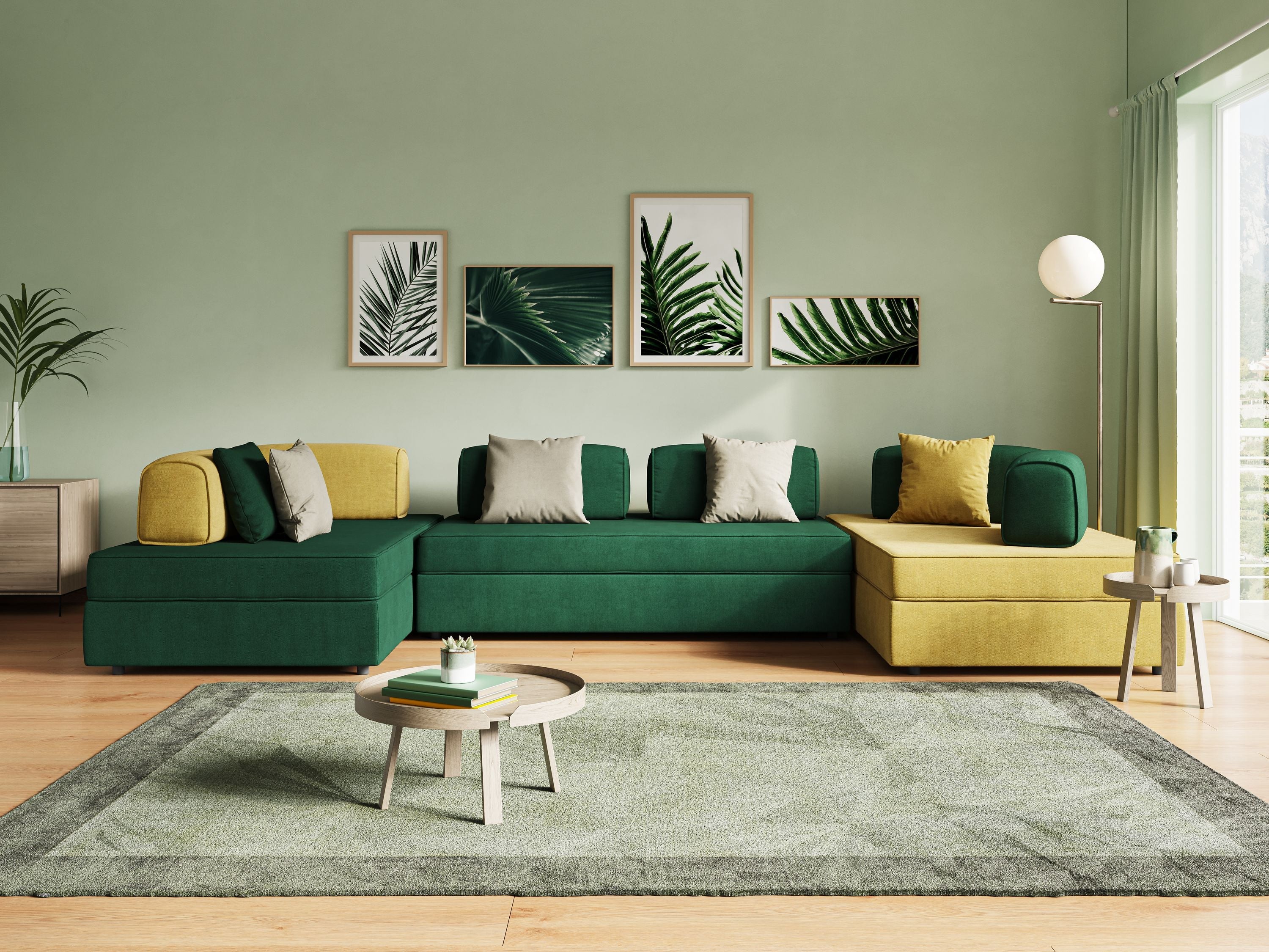 Liberty divano panoramico con pouf estraibile e schienali movibili in tessuto morbido impermeabile T02 nero - divani.store