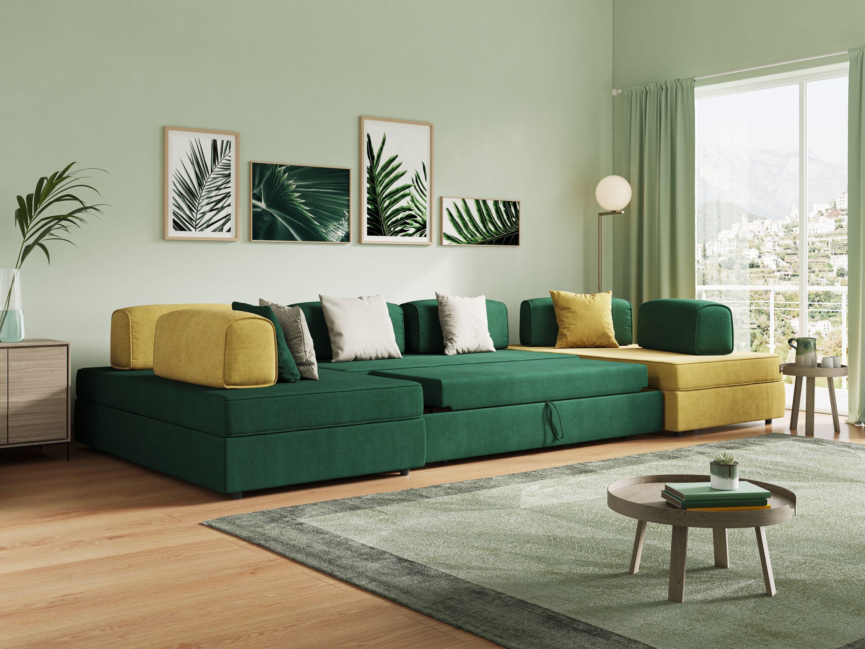 Liberty divano panoramico con pouf estraibile e schienali movibili in tessuto morbido impermeabile T02 azzurro - divani.store