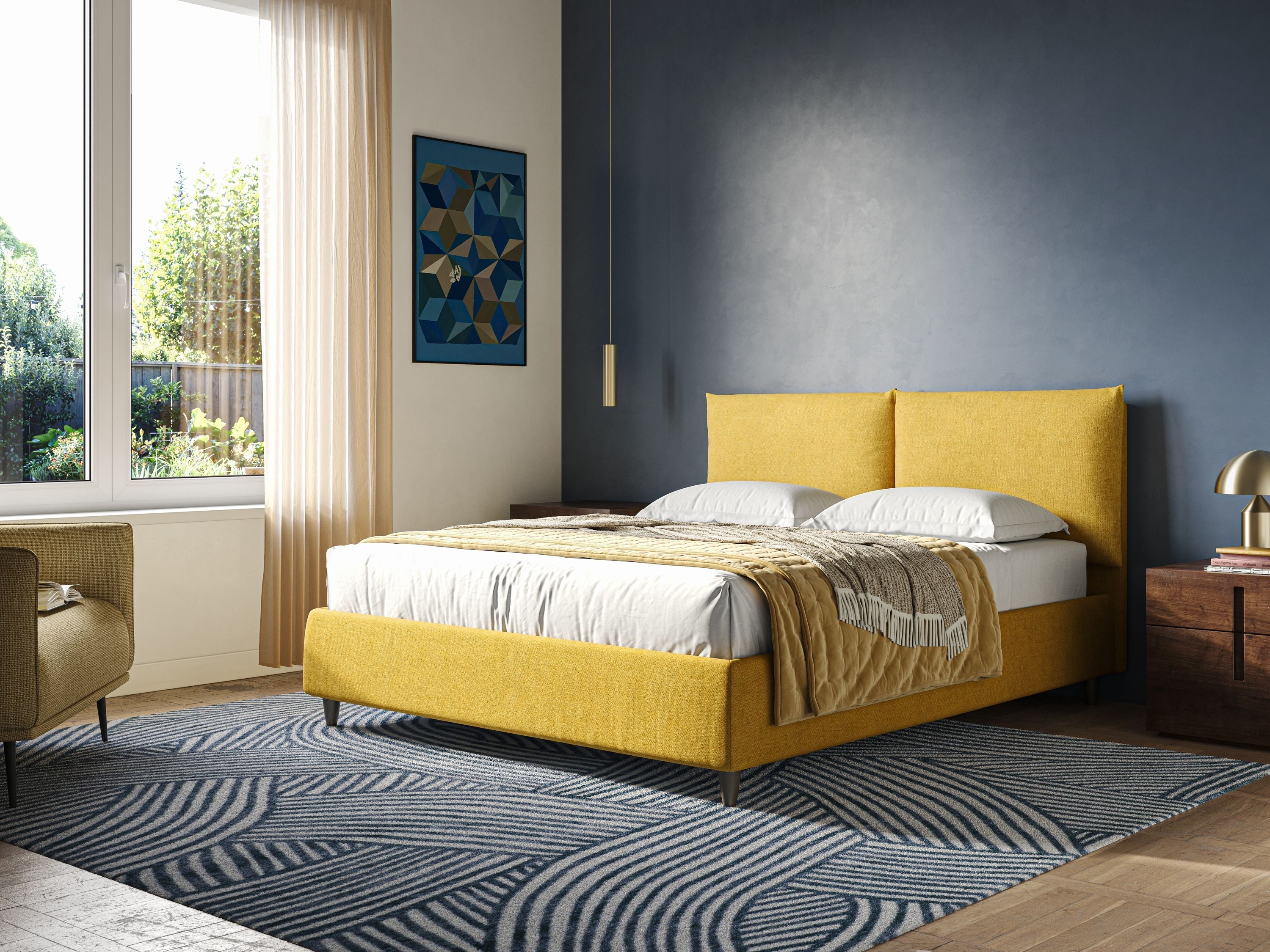 Mariana letto imbottito contenitore con cuscini in tessuto impermeabile T02 giallo - divani.store