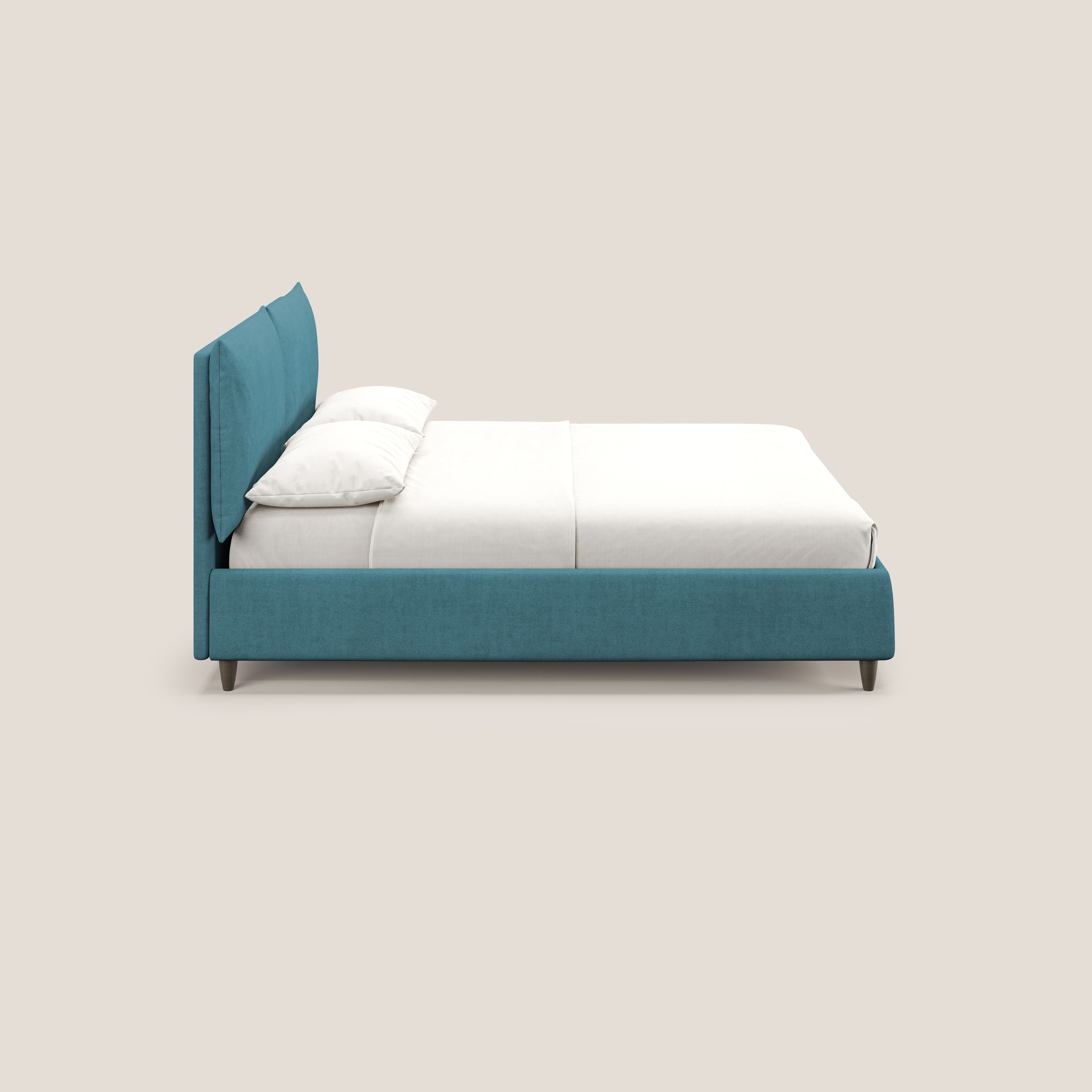 Mariana letto imbottito contenitore con cuscini in tessuto impermeabile T02 azzurro - divani.store