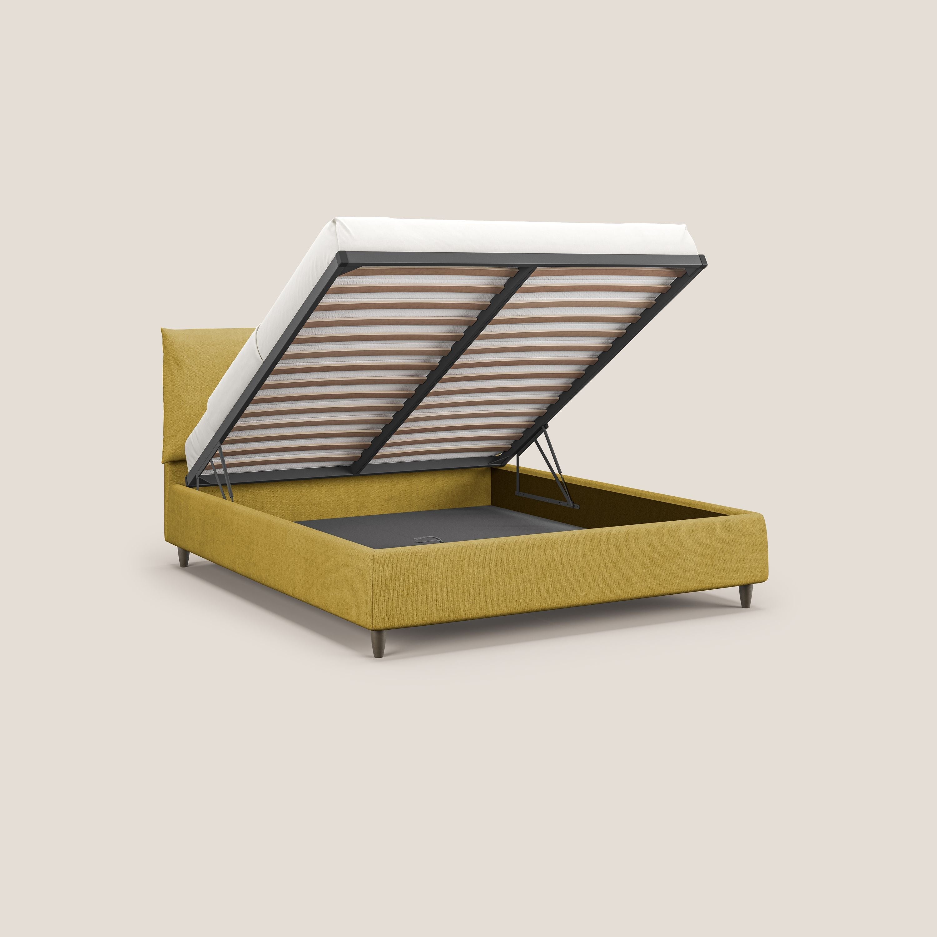 Mariana letto imbottito contenitore con cuscini in tessuto impermeabile T02 giallo - divani.store