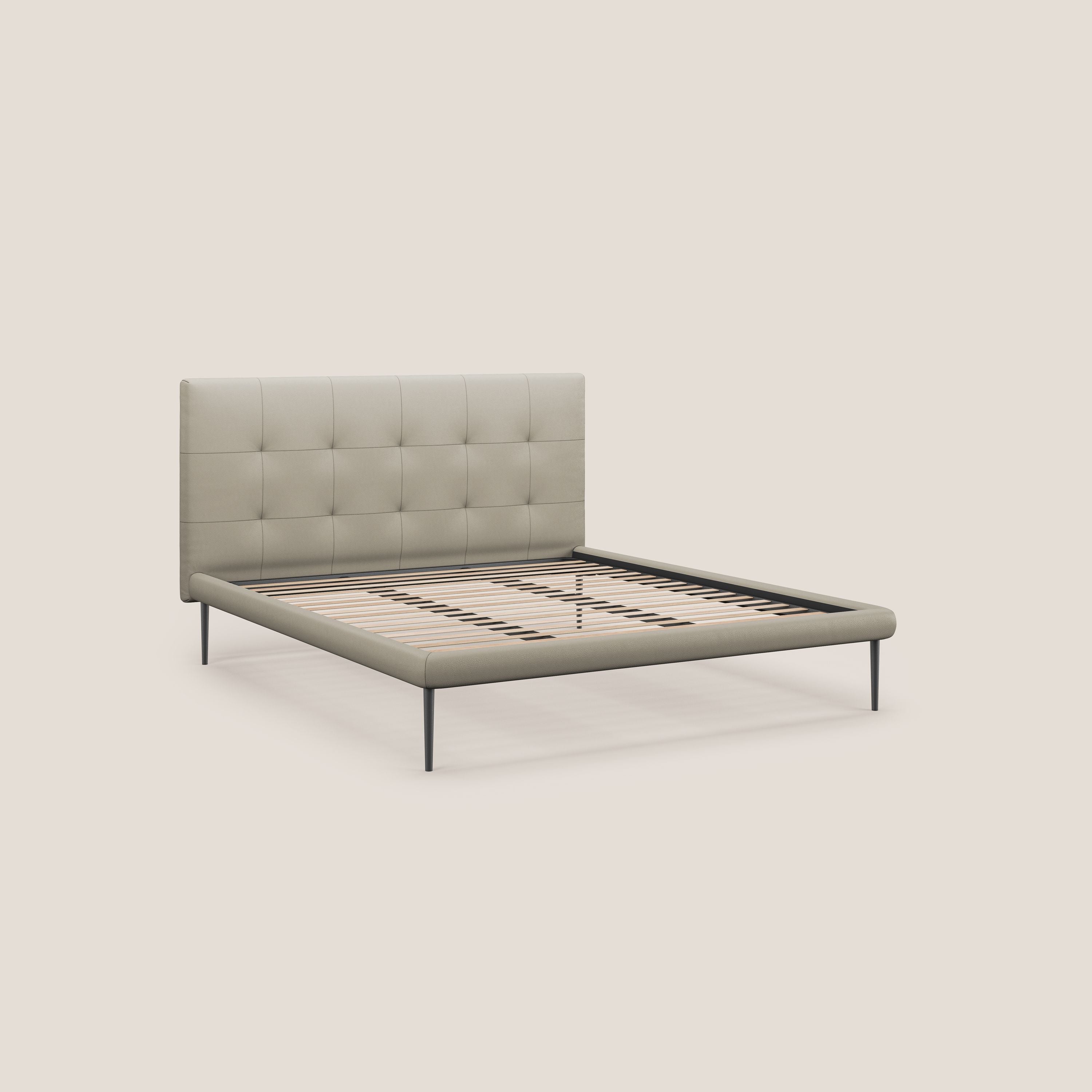 Midori letto imbottito trapuntato in ecopelle con piedini alti T04 tortora - divani.store