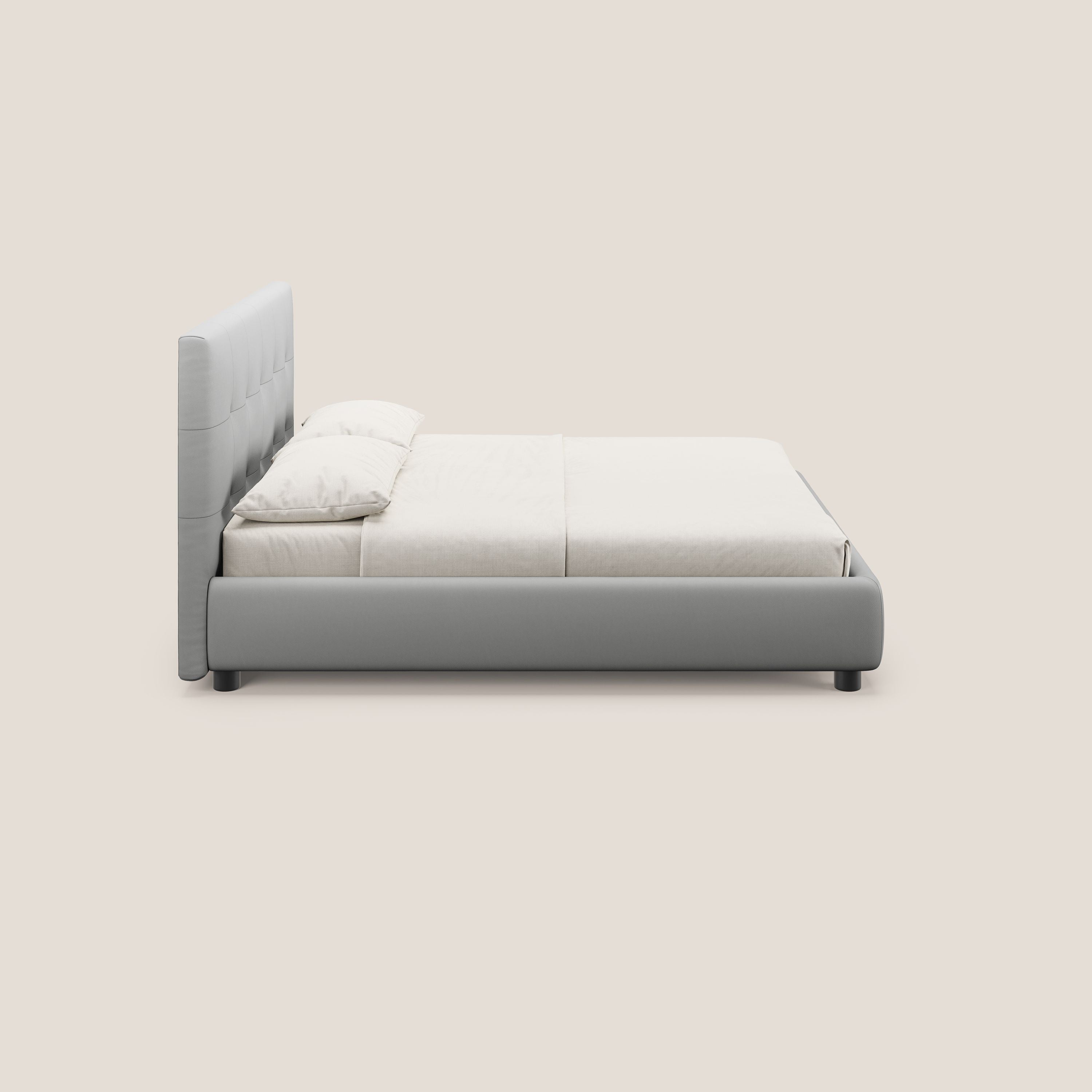 Minato letto imbottito contenitore con testata trapuntata in ecopelle impermeabile T04 grigio chiaro - divani.store