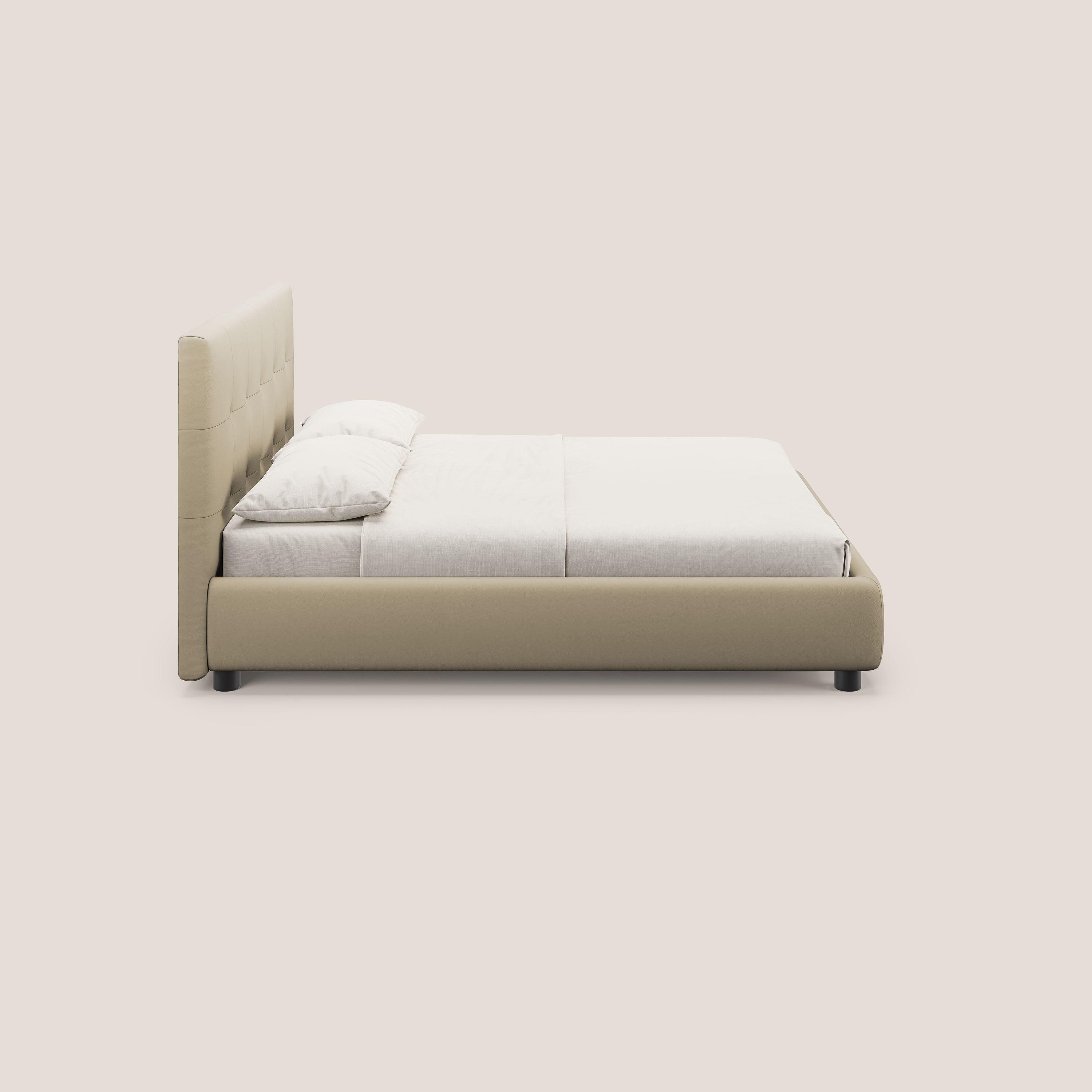 Minato letto imbottito contenitore con testata trapuntata in ecopelle impermeabile T04 panna - divani.store