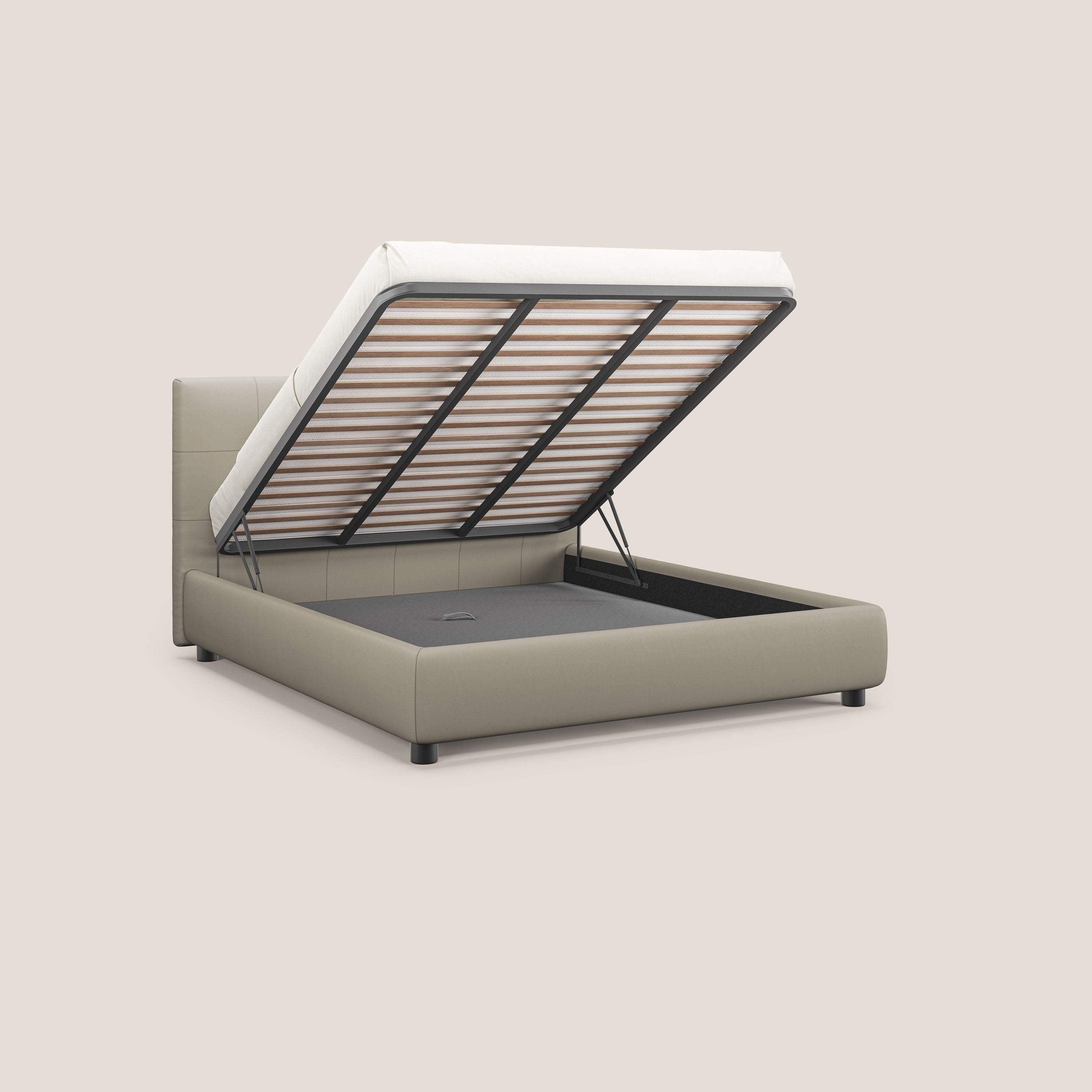 Minato letto imbottito contenitore con testata trapuntata in ecopelle impermeabile T04 tortora - divani.store