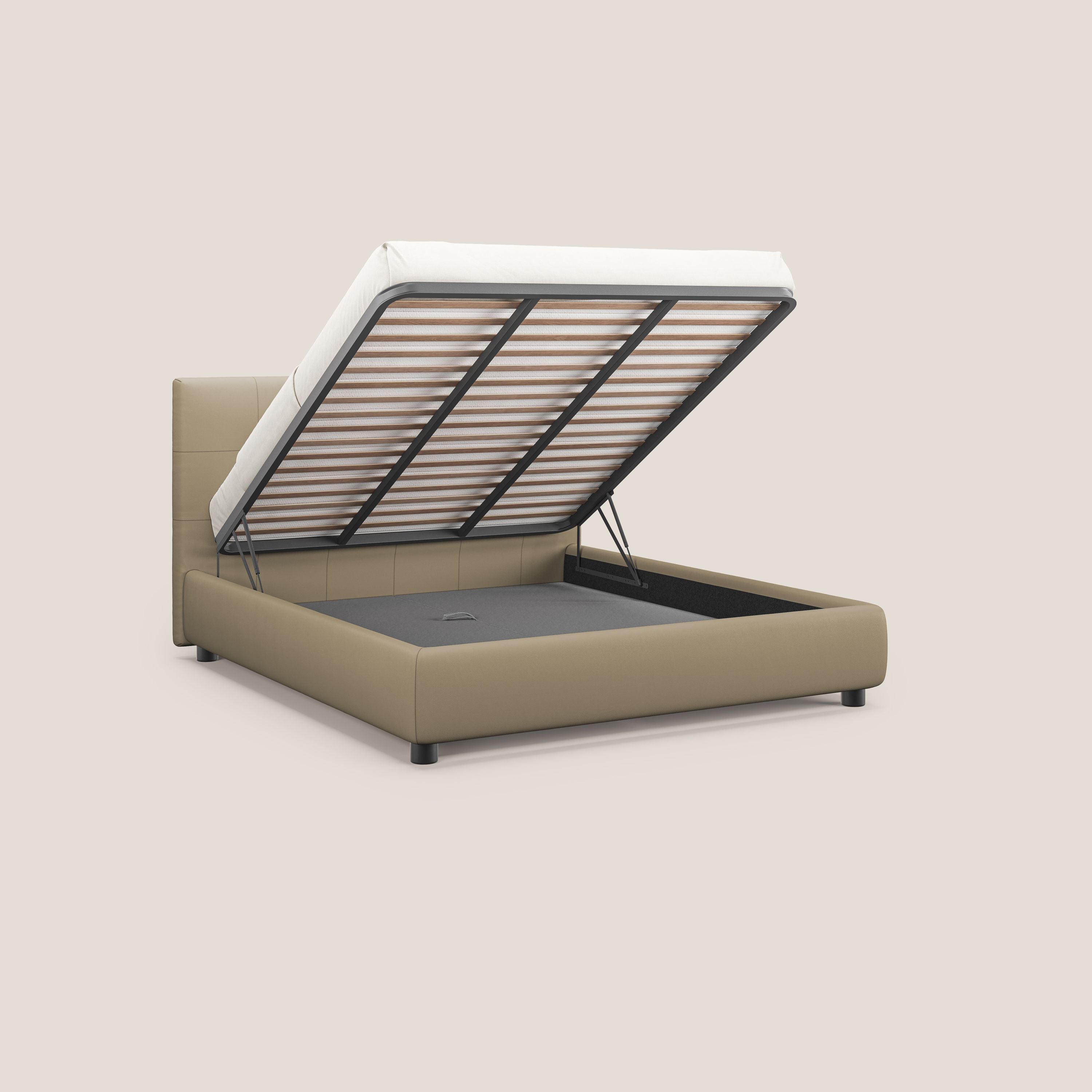 Minato letto imbottito contenitore con testata trapuntata in ecopelle impermeabile T04 beige - divani.store