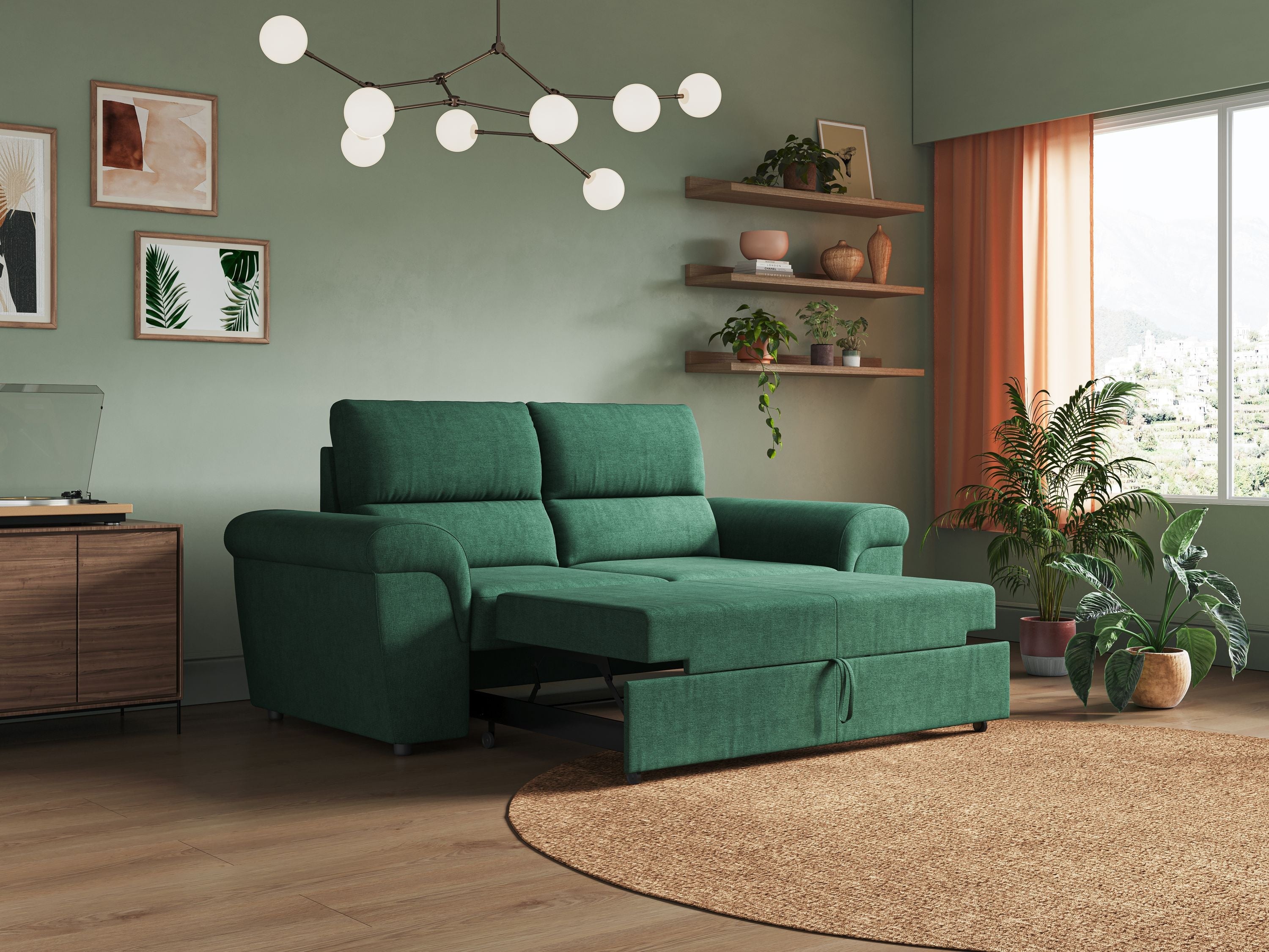 Minerva divano con pouf estraibile poggiapiedi in tessuto morbido impermeabile T02 verde - divani.store