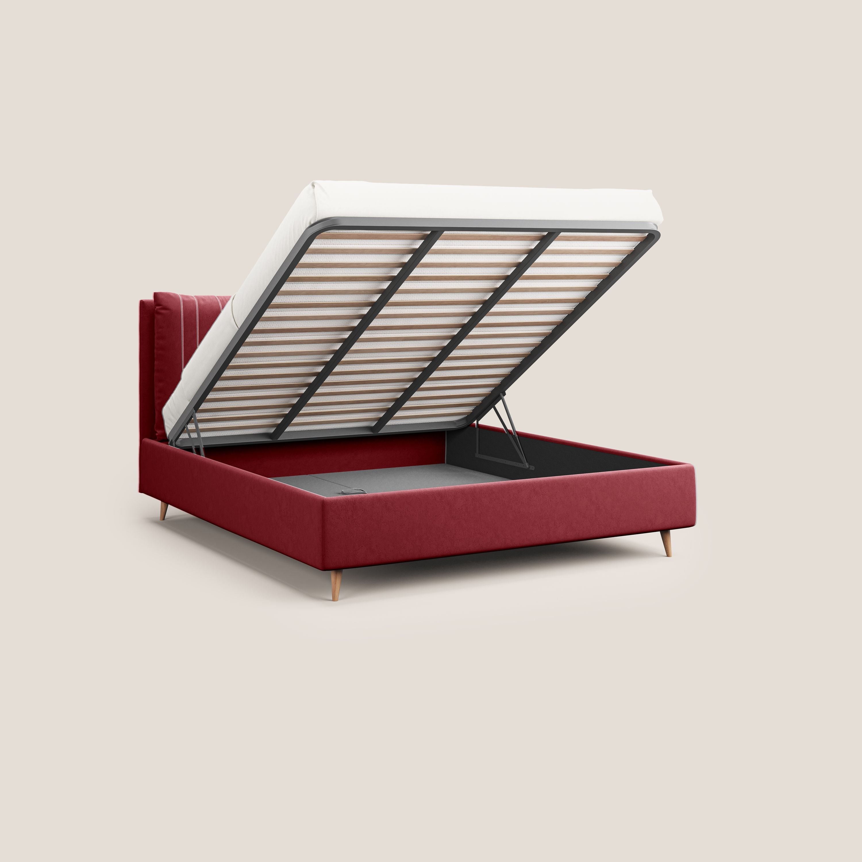 Nathan letto contenitore con cuscini regolabili con tasche in microfibra velluto impermeabile T09 rosso - divani.store