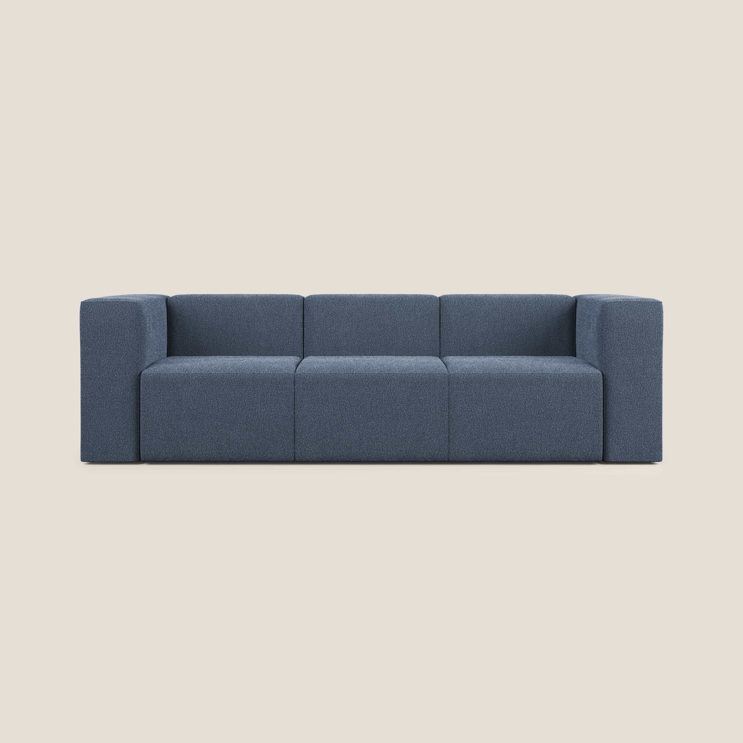 Nettuno divano lineare modulare a 3 sedute componibile in morbido tessuto bouclè T07 blu - divani.store