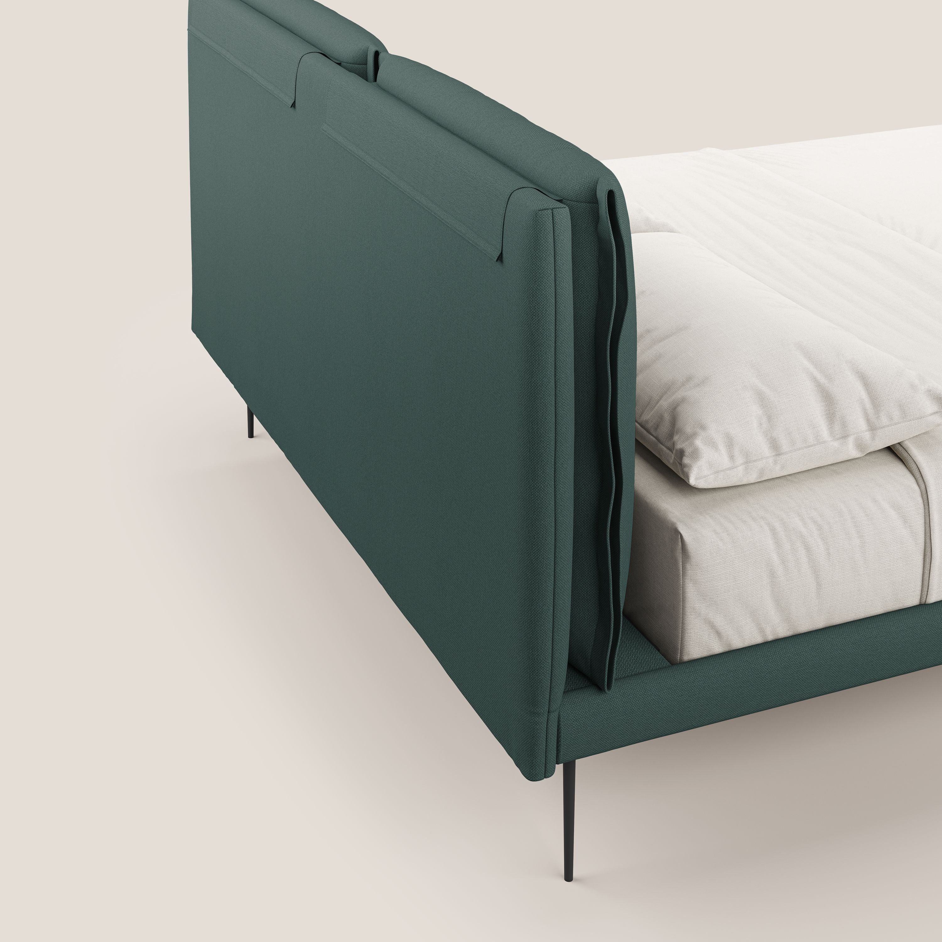 Noah letto con cuscini regolabili e piedi alti in metallo in tessuto smacchiabile T05 verde - divani.store