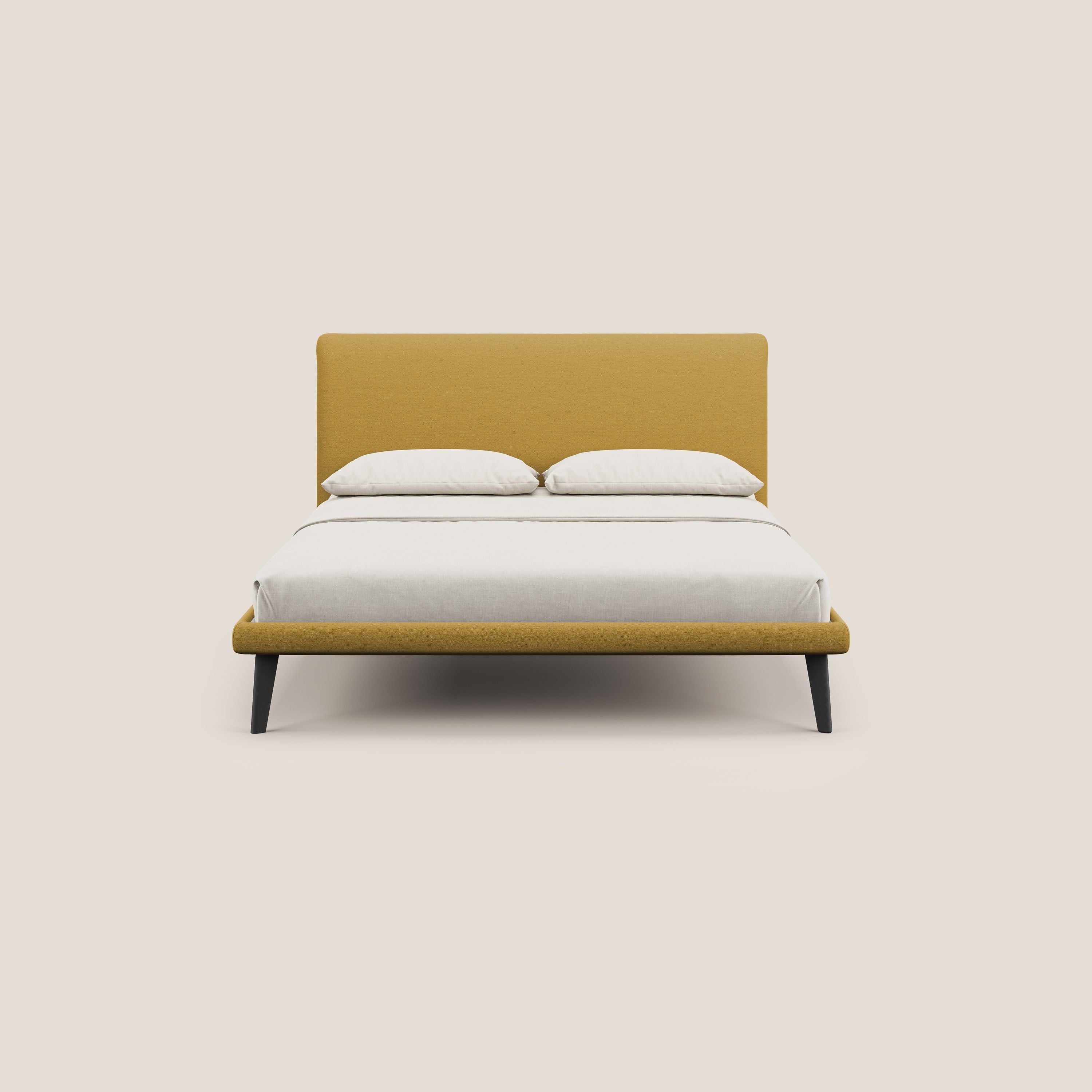 Noel letto minimal scandinavo con piedi in mogano e tessuto fiammato impermeabile T19 giallo - divani.store
