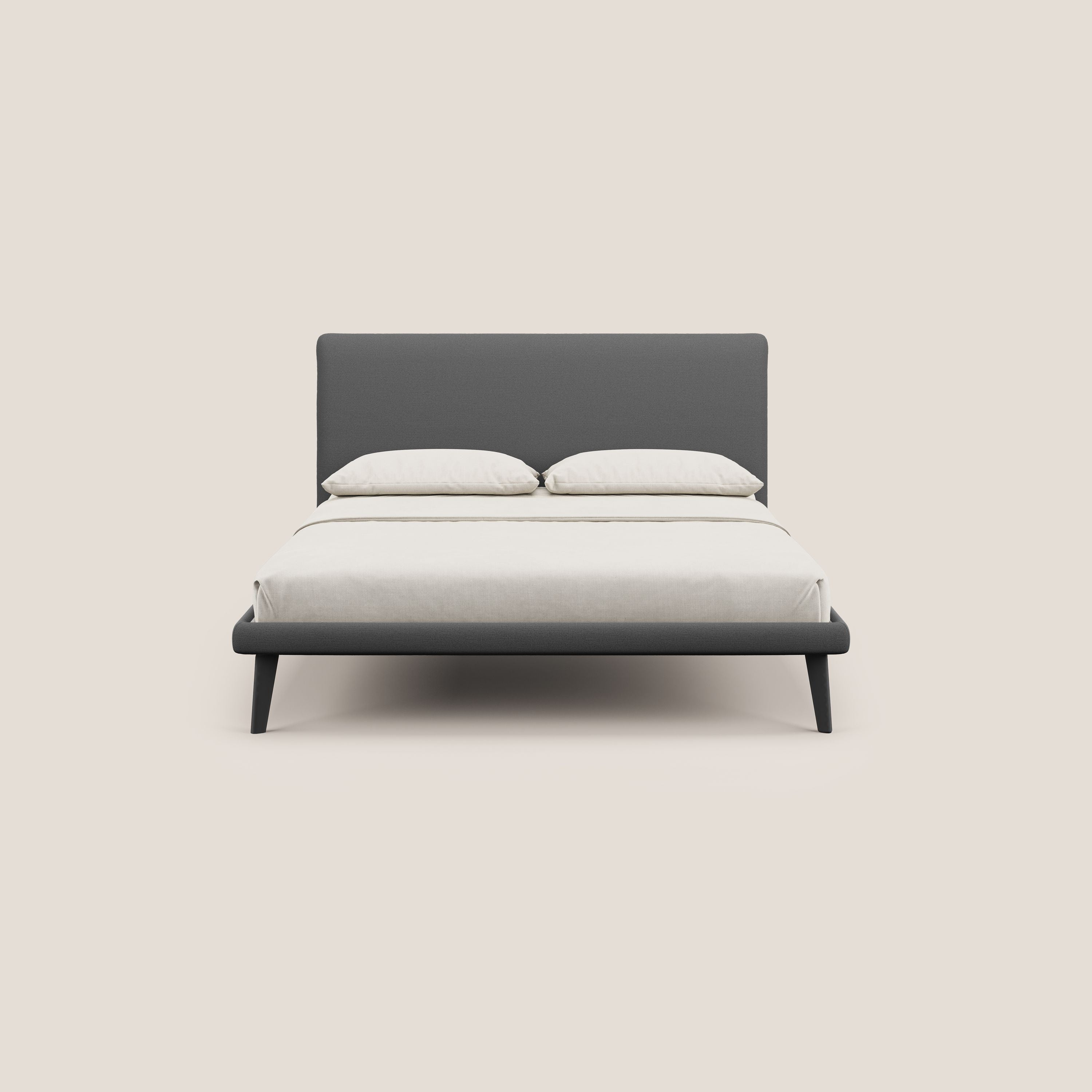 Noel letto minimal scandinavo con piedi in mogano e tessuto fiammato impermeabile T19 antracite - divani.store