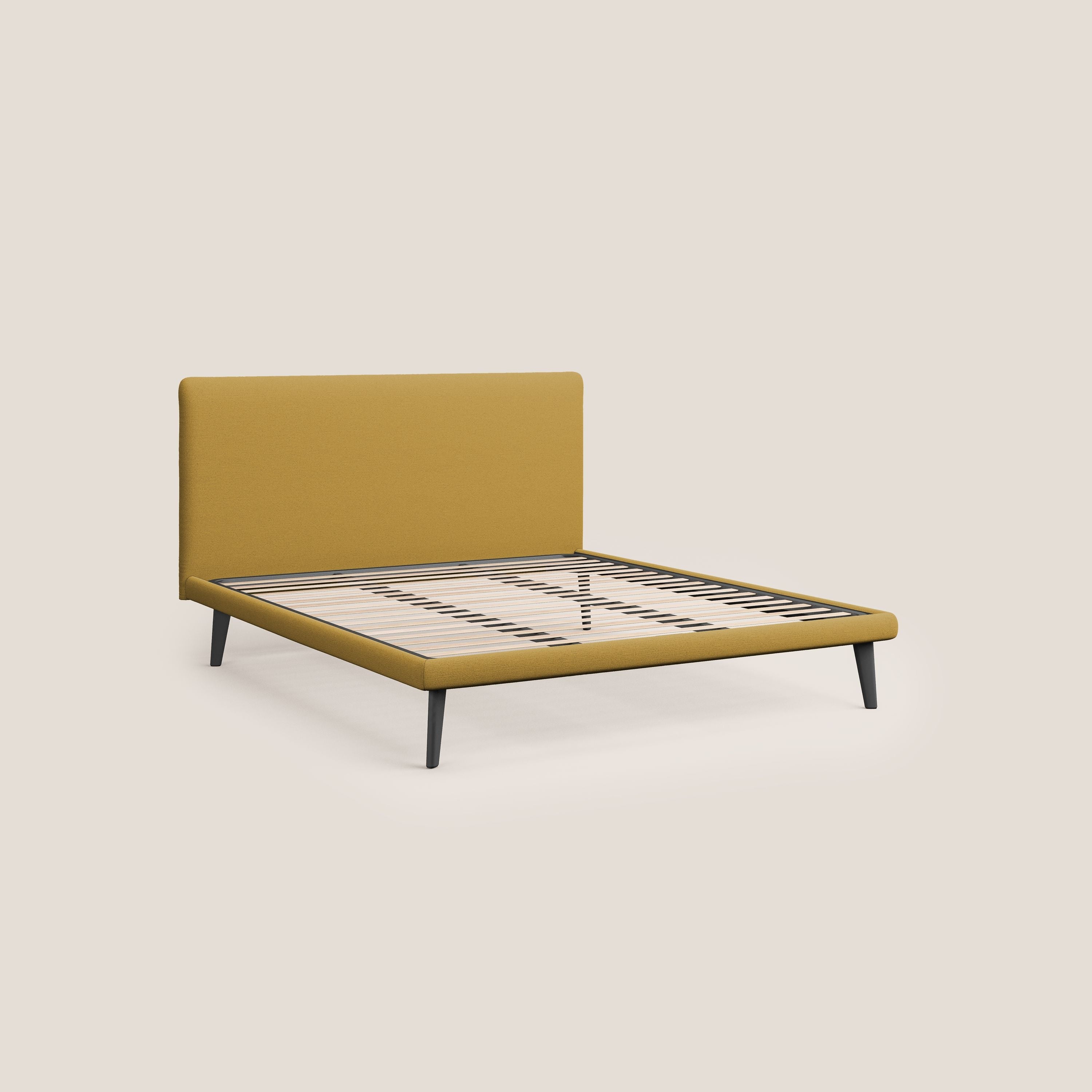 Noel letto minimal scandinavo con piedi in mogano e tessuto fiammato impermeabile T19 giallo - divani.store
