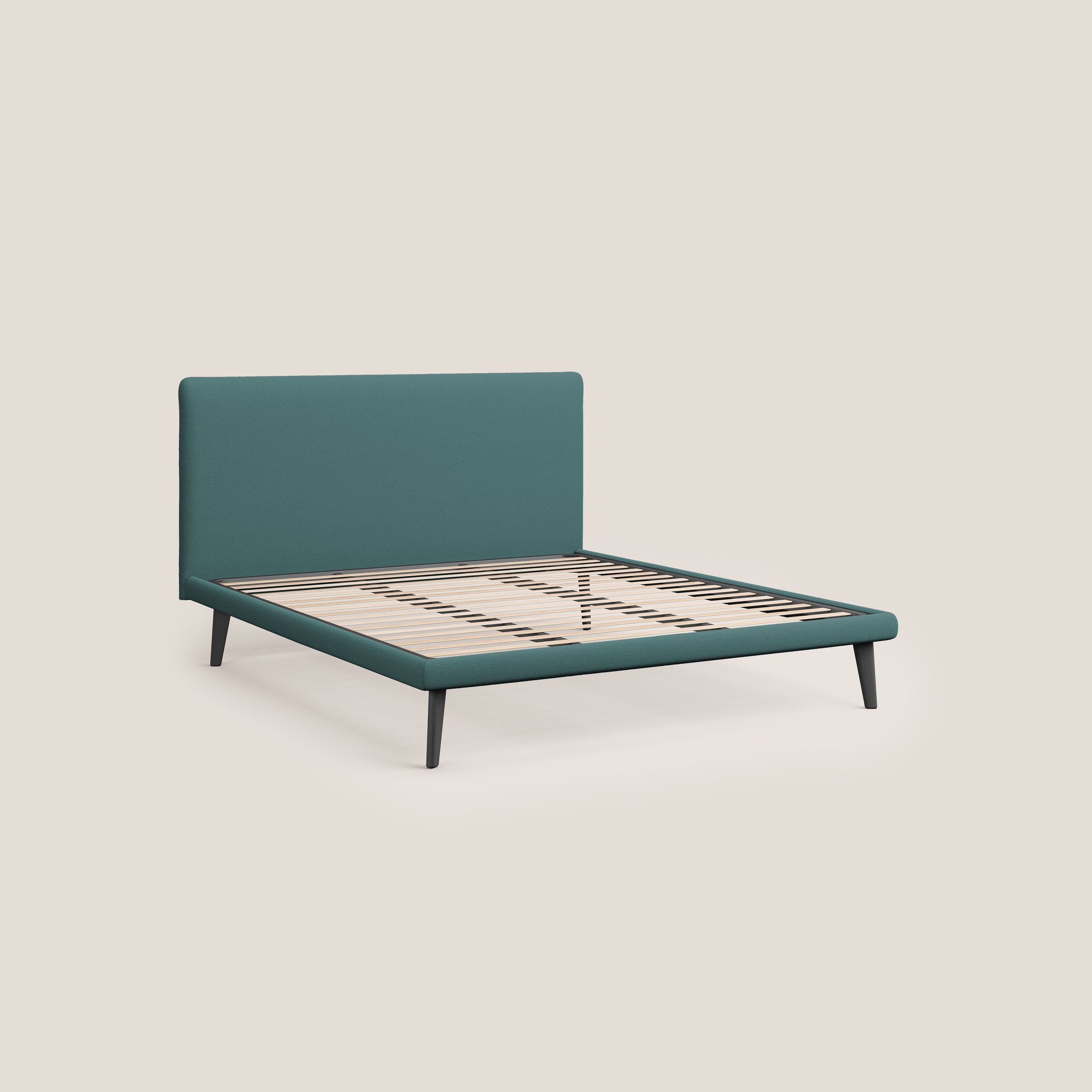 Noel letto minimal scandinavo con piedi in mogano e tessuto fiammato impermeabile T19 petrolio - divani.store