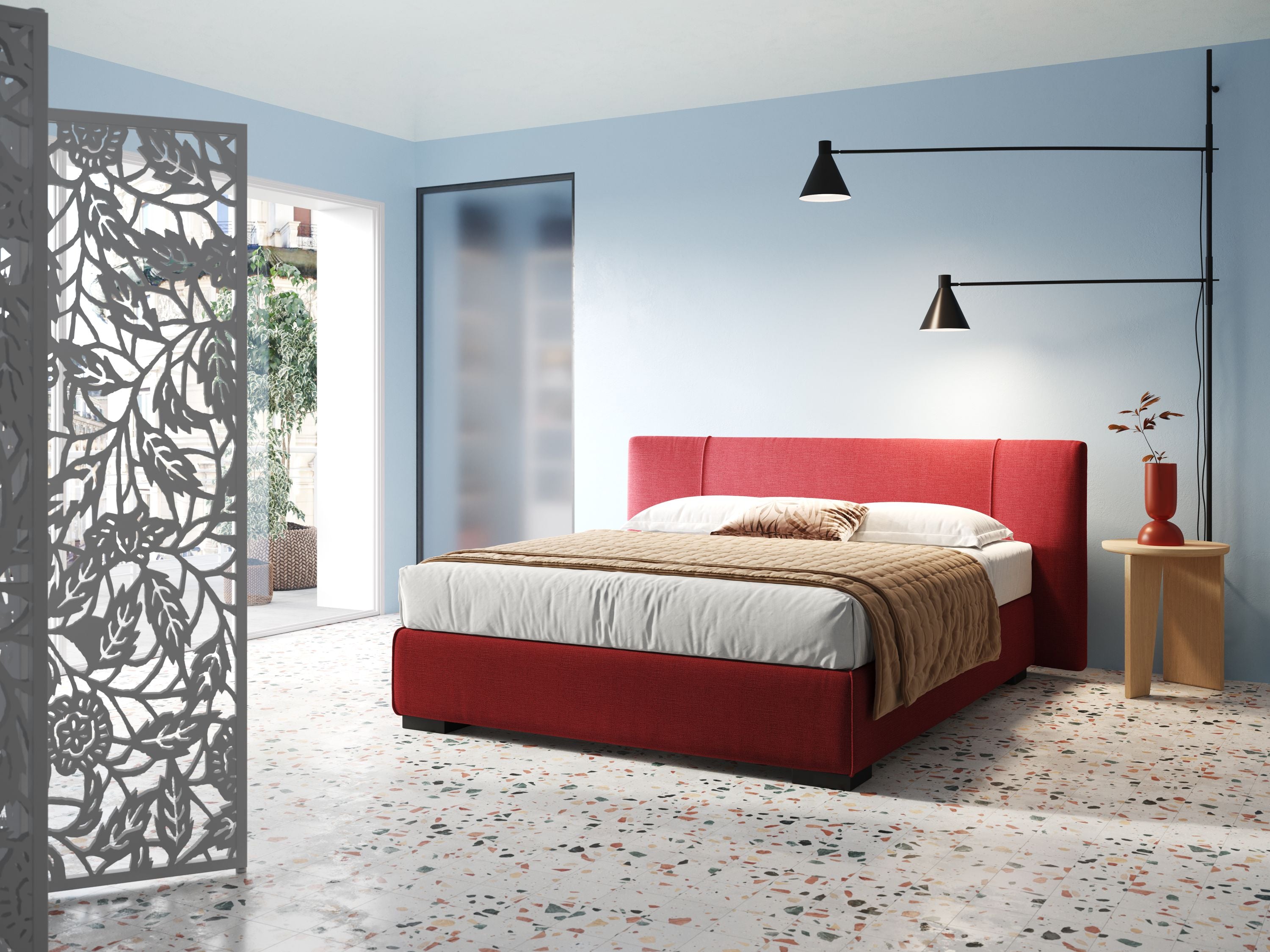 Omero letto imbottito contenitore sfoderabile in tessuto fiammato impermeabile T14 rosso - divani.store