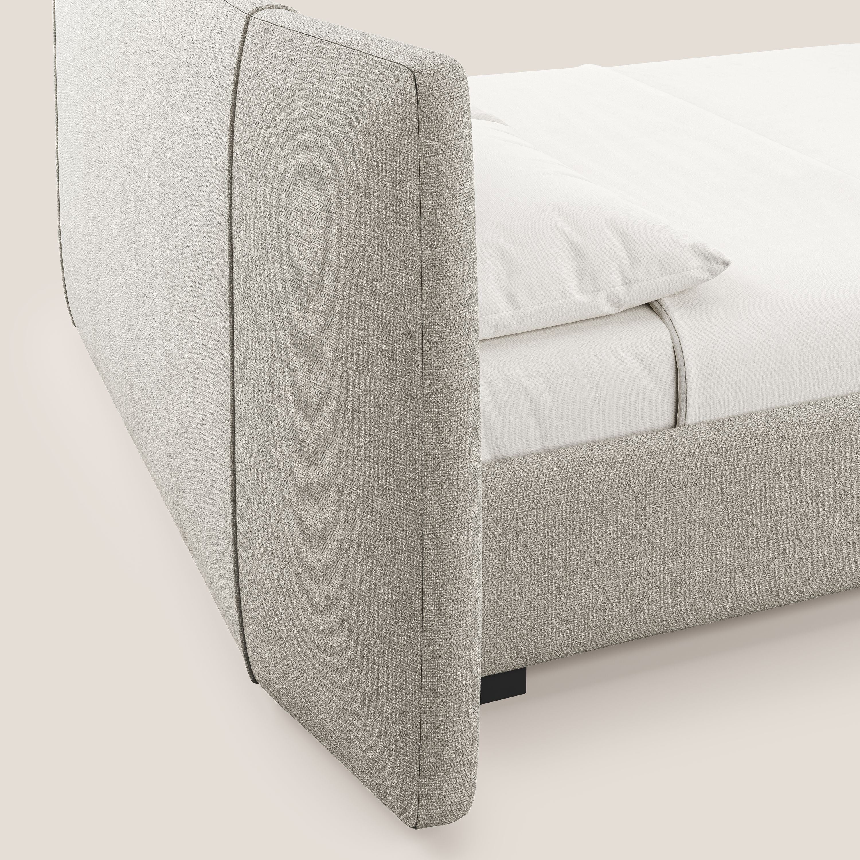 Omero letto imbottito contenitore sfoderabile in tessuto fiammato impermeabile T14 tortora - divani.store