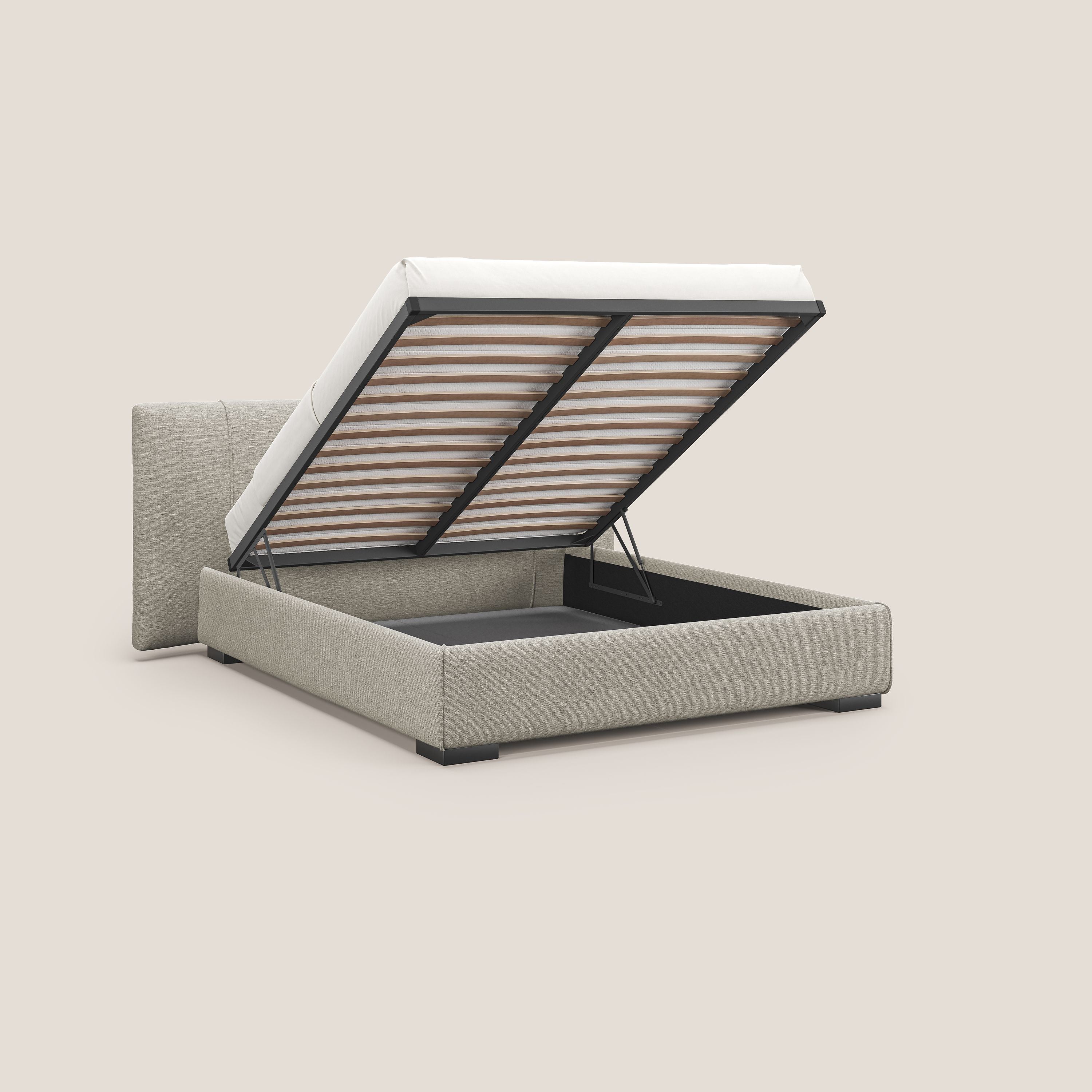 Omero letto imbottito contenitore sfoderabile in tessuto fiammato impermeabile T14 tortora - divani.store