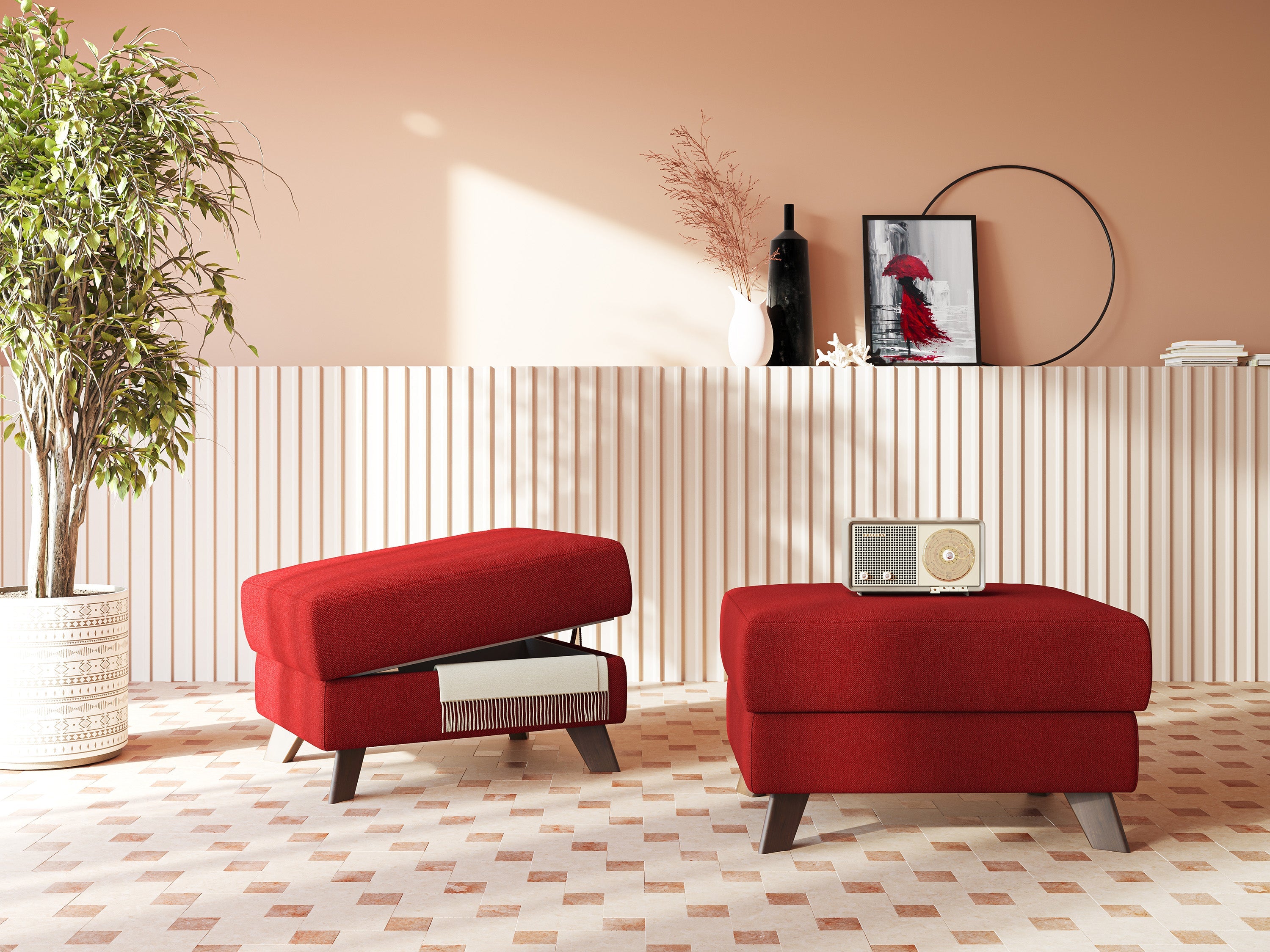 Moon Pouf contenitore e piedini alti in tessuto smacchiabile con acqua T05 rosso - divani.store