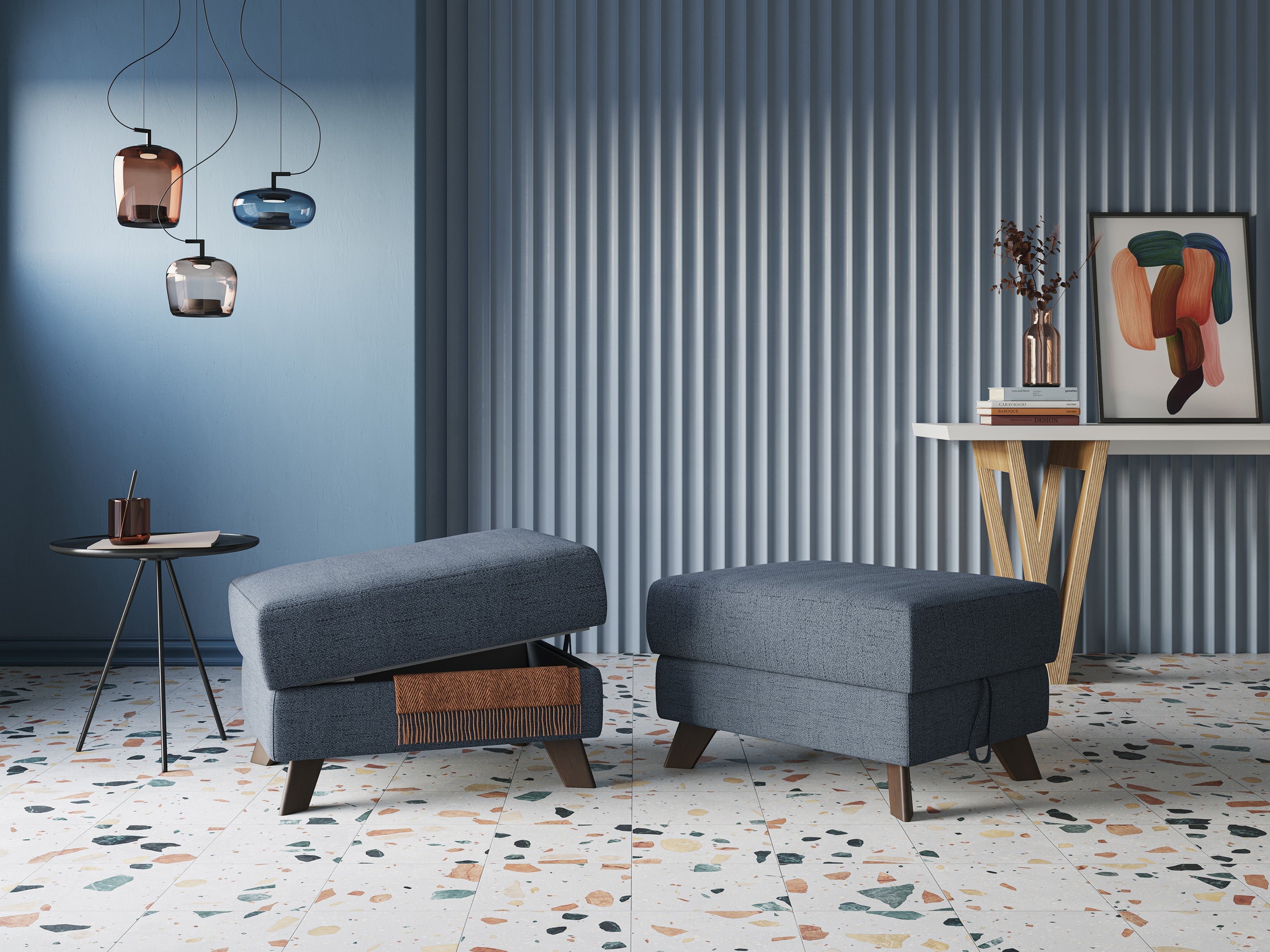 Moon Pouf contenitore e piedini alti in tessuto morbido impermeabile fiammato T03 grigio chiaro - divani.store