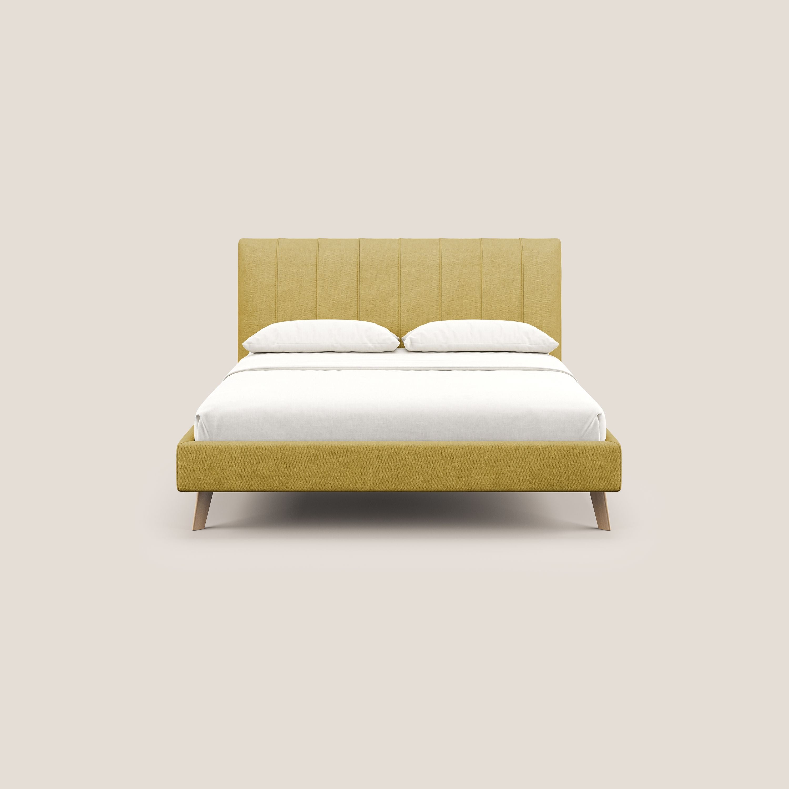 Selene letto imbottito con piedini naturali sfoderabile in tessuto impermeabile T02 giallo - divani.store