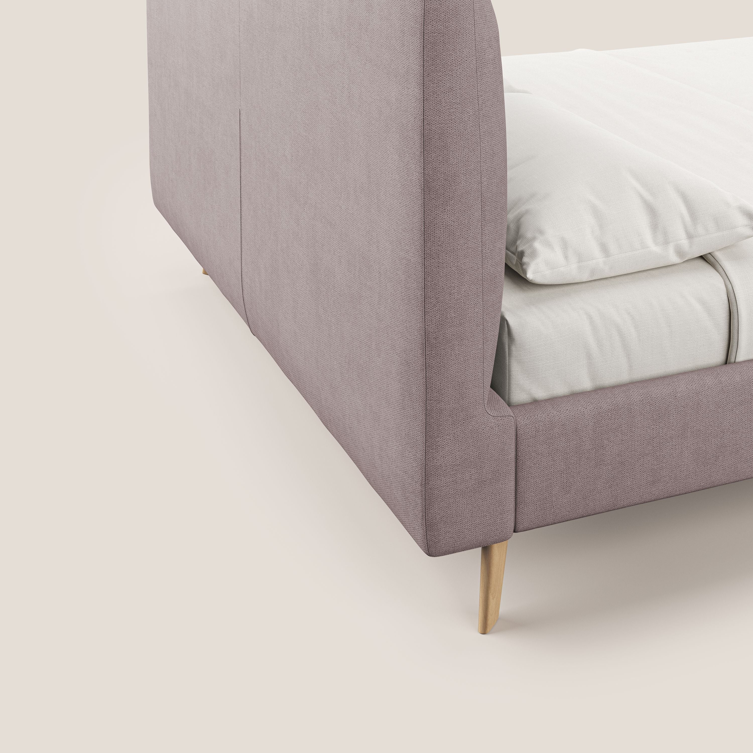 Selene letto imbottito con piedini naturali sfoderabile in tessuto impermeabile T02 rosa - divani.store