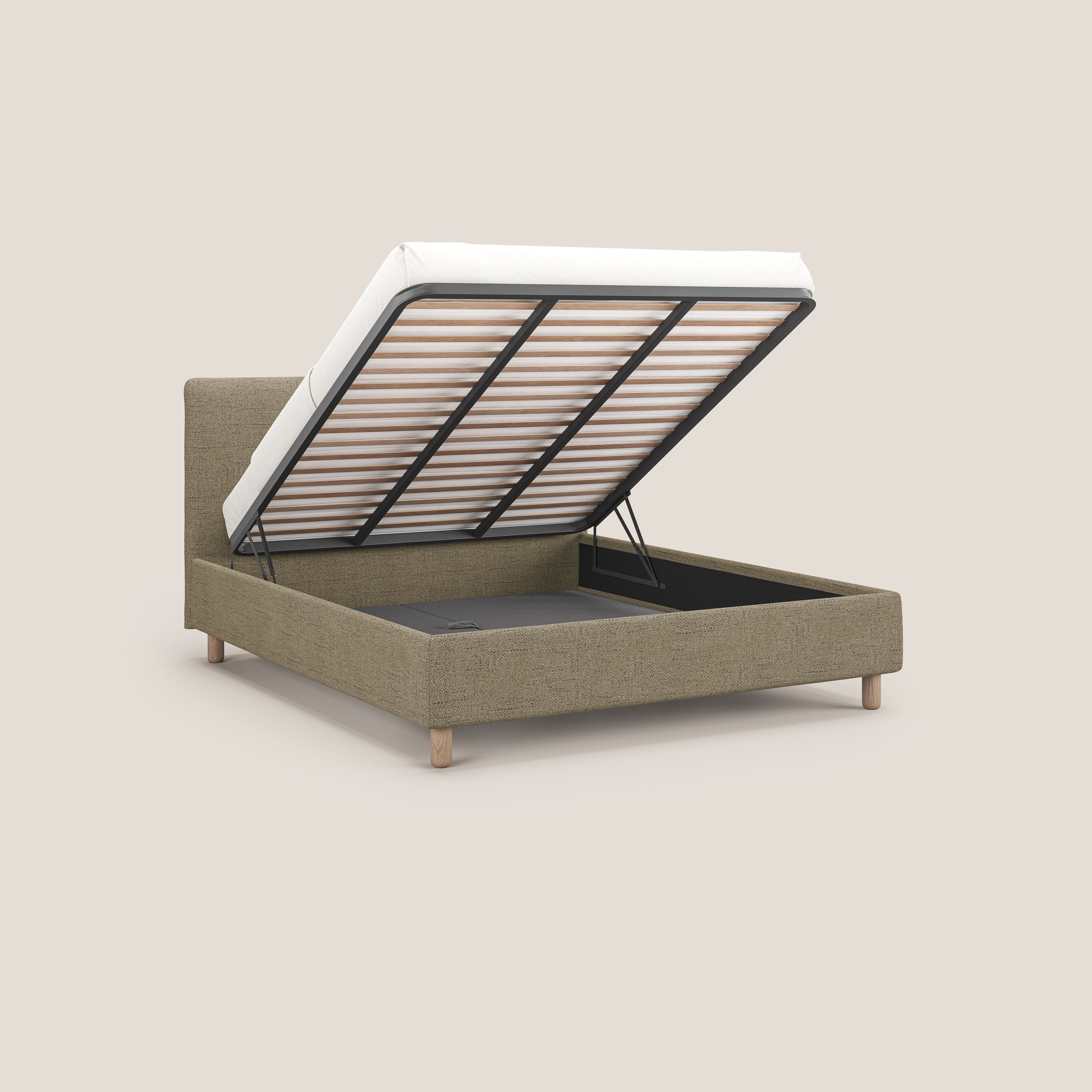 Serena letto contenitore salvaspazio scandinavo in tessuto fiammato impermeabile T03 beige - divani.store