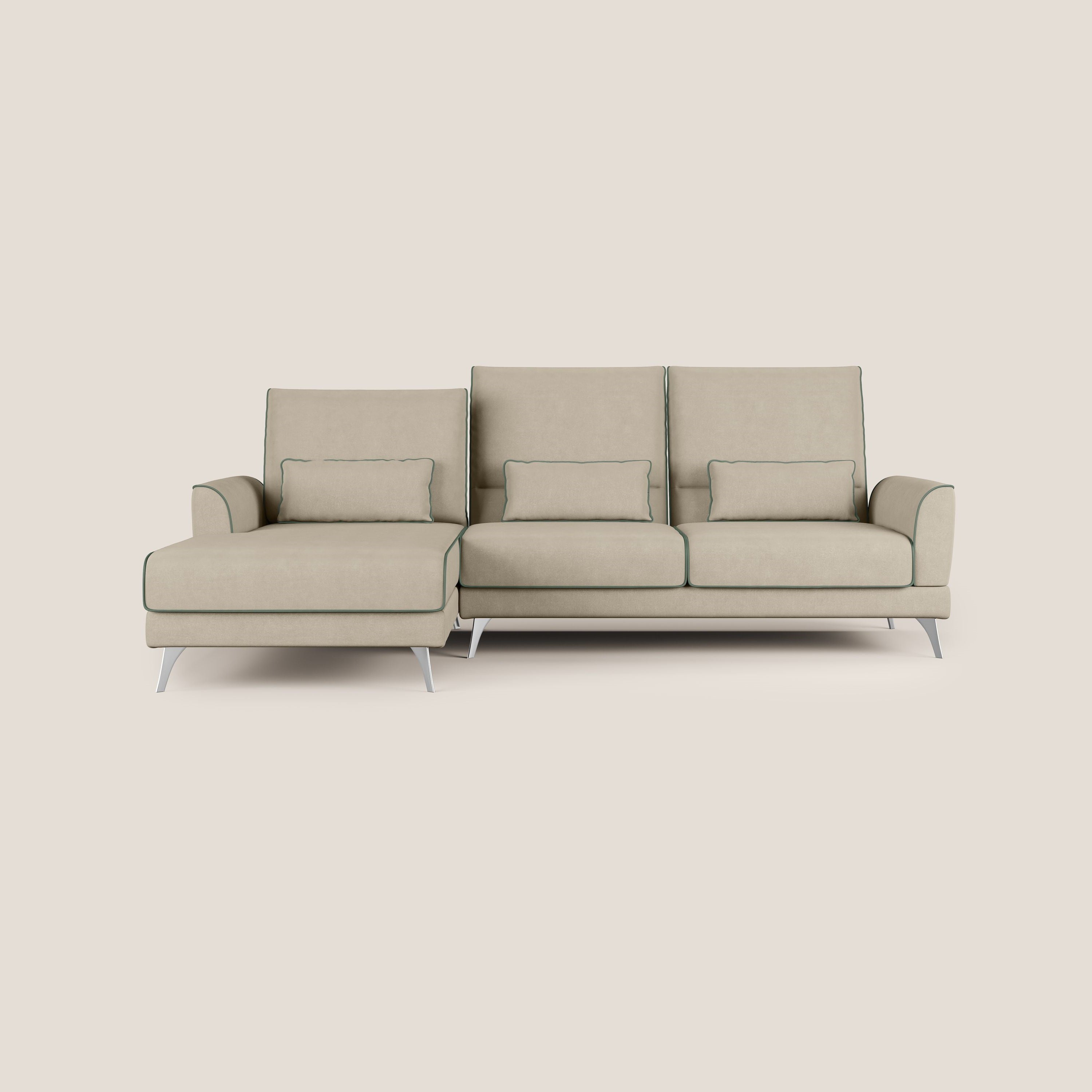 Tommy Divano angolare bicolore con relax e schienali traslanti in microfibra smacchiabile T11 tortora - verde - divani.store