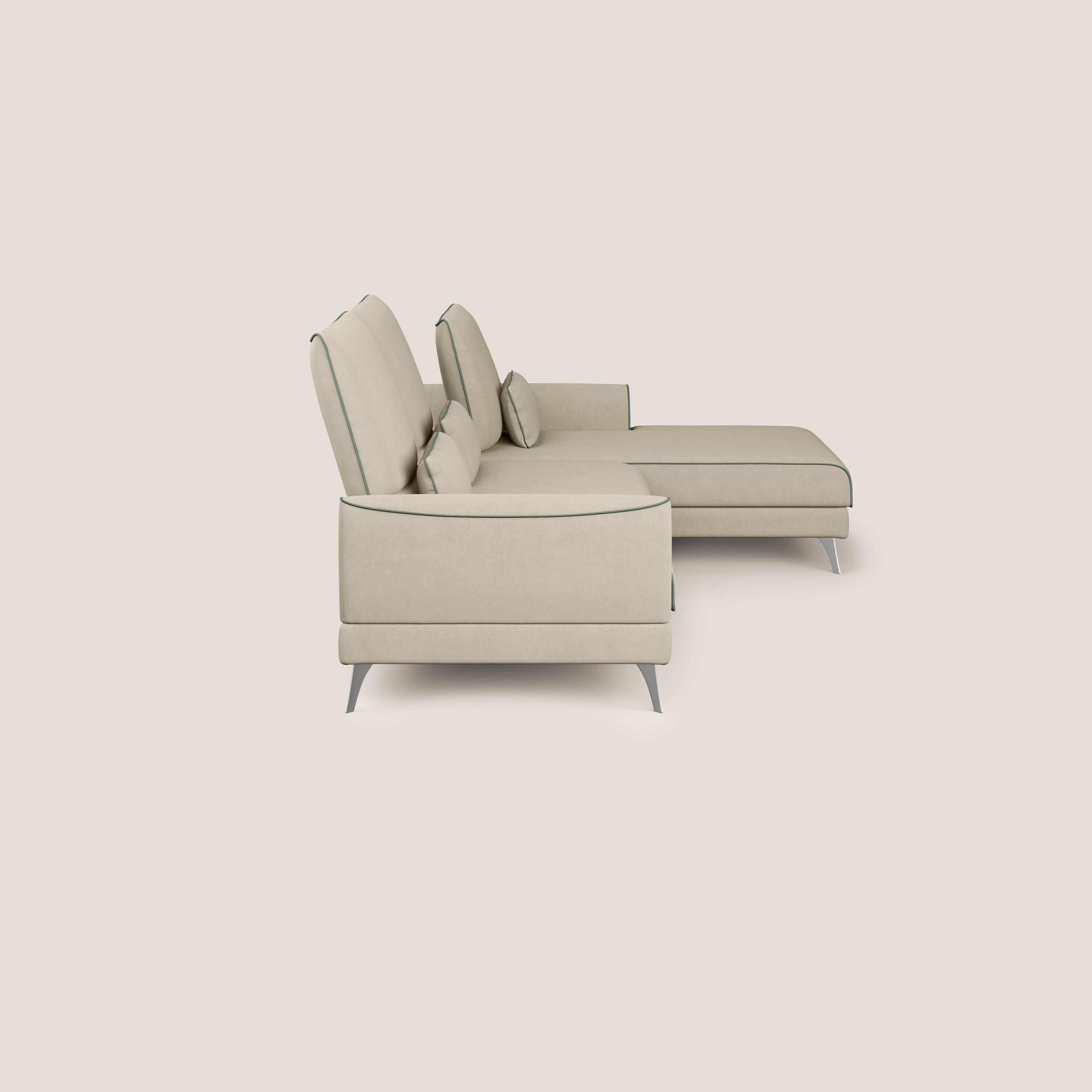 Tommy Divano angolare bicolore con relax e schienali traslanti in microfibra smacchiabile T11 tortora - verde - divani.store