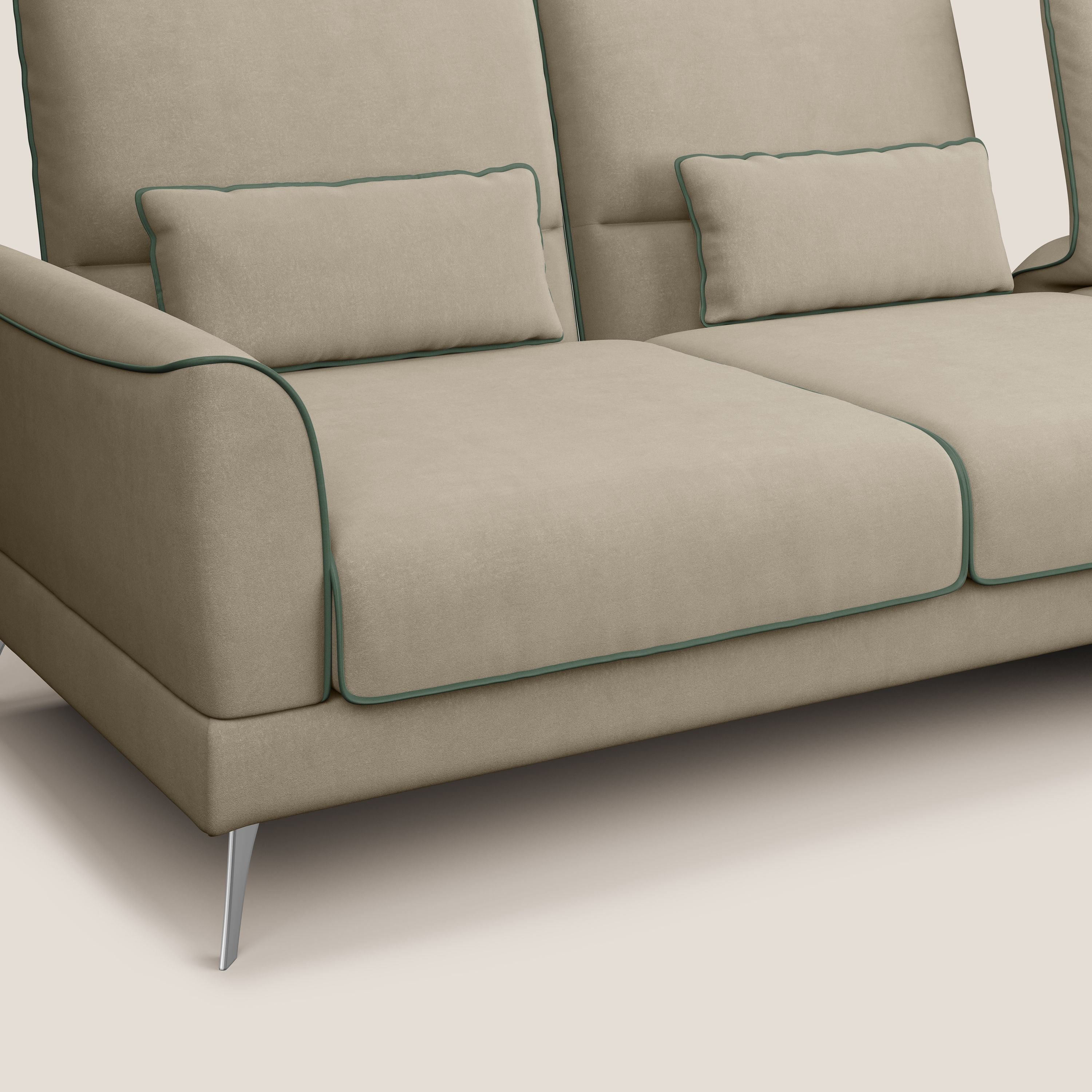 Tommy Divano angolare bicolore con relax e schienali traslanti in microfibra smacchiabile T11 tortora - verde - divani.store