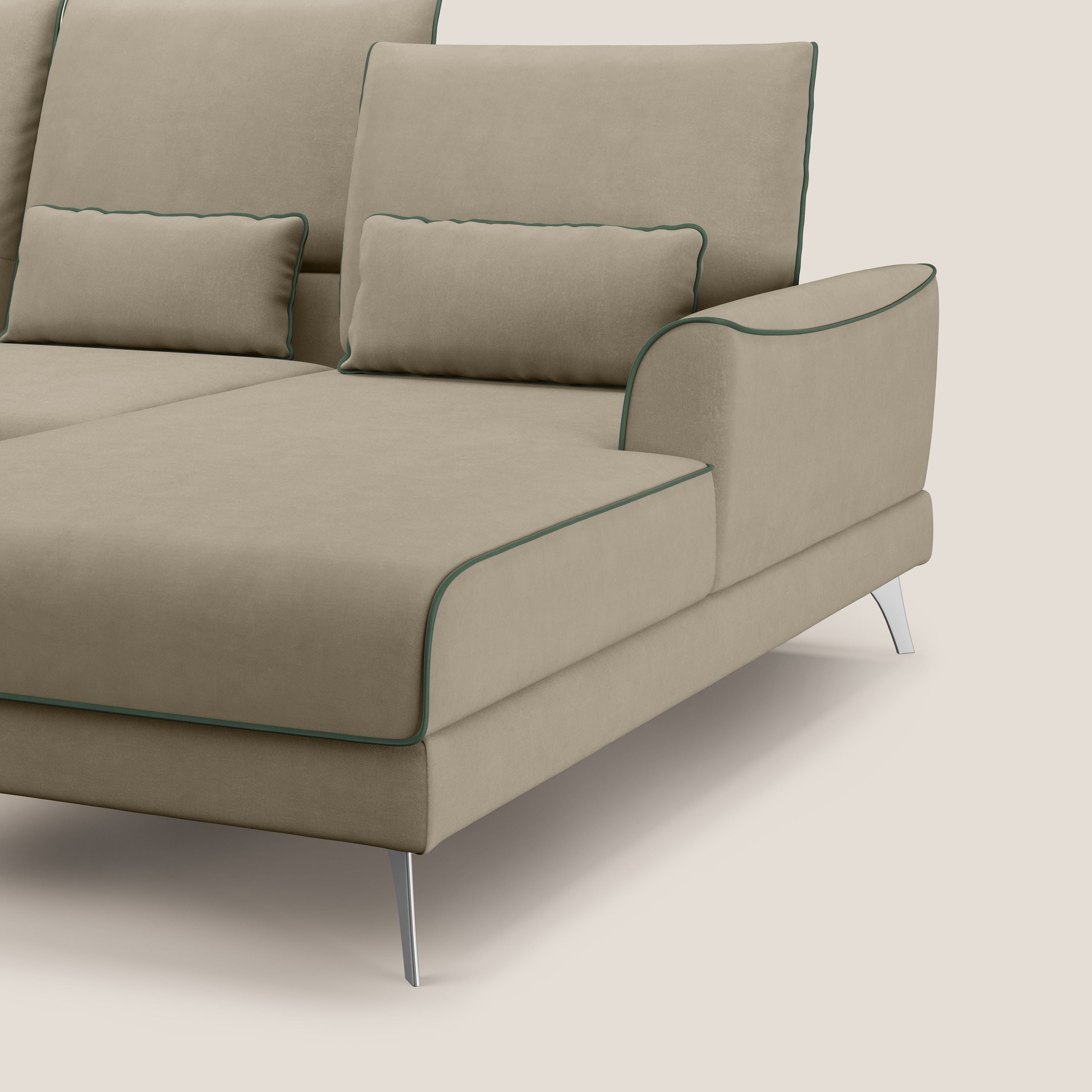 Tommy Divano angolare bicolore con relax e schienali traslanti in microfibra smacchiabile T11 tortora - verde - divani.store