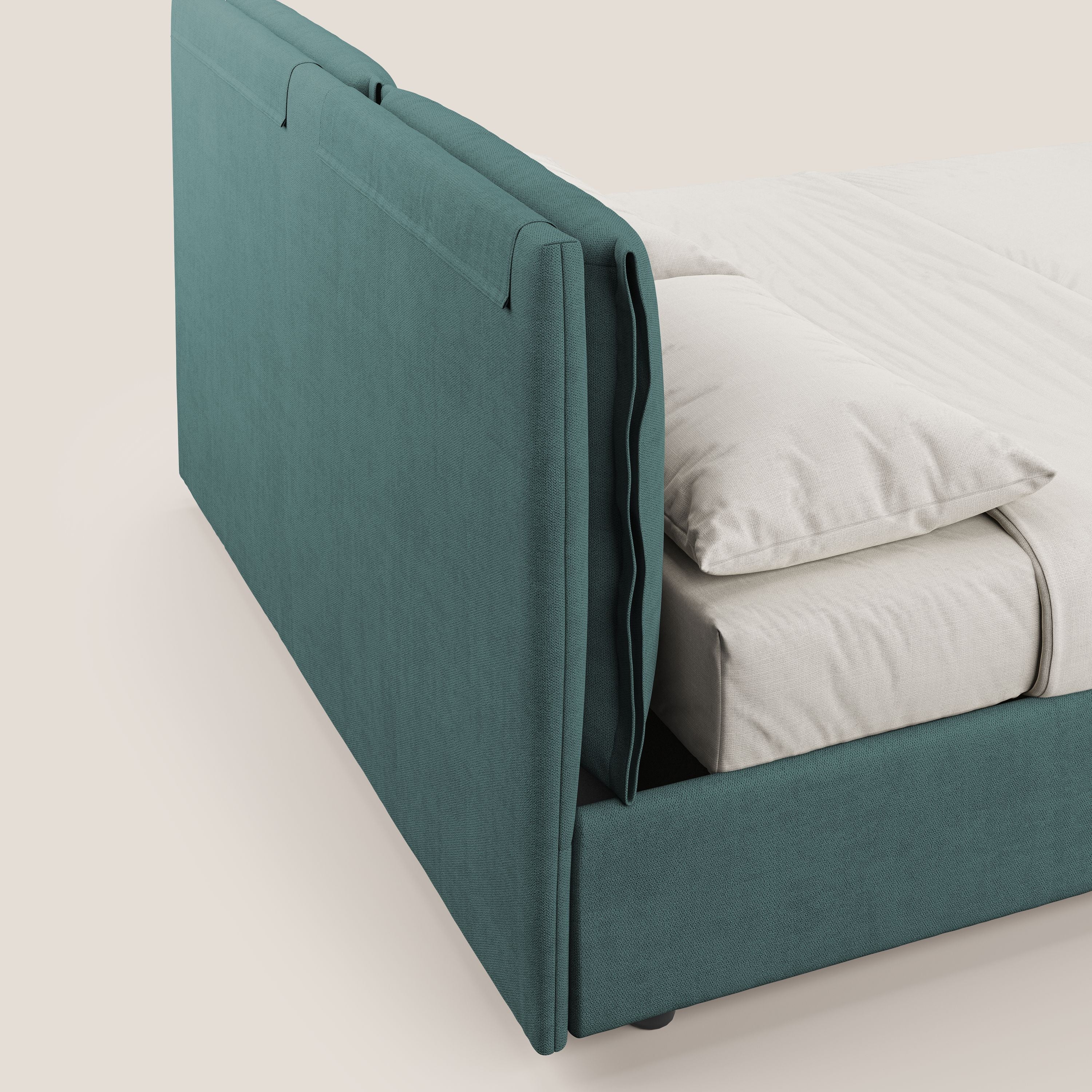 Travis letto contenitore con cuscini mobili trapuntati in tessuto impermeabile T02 petrolio - divani.store