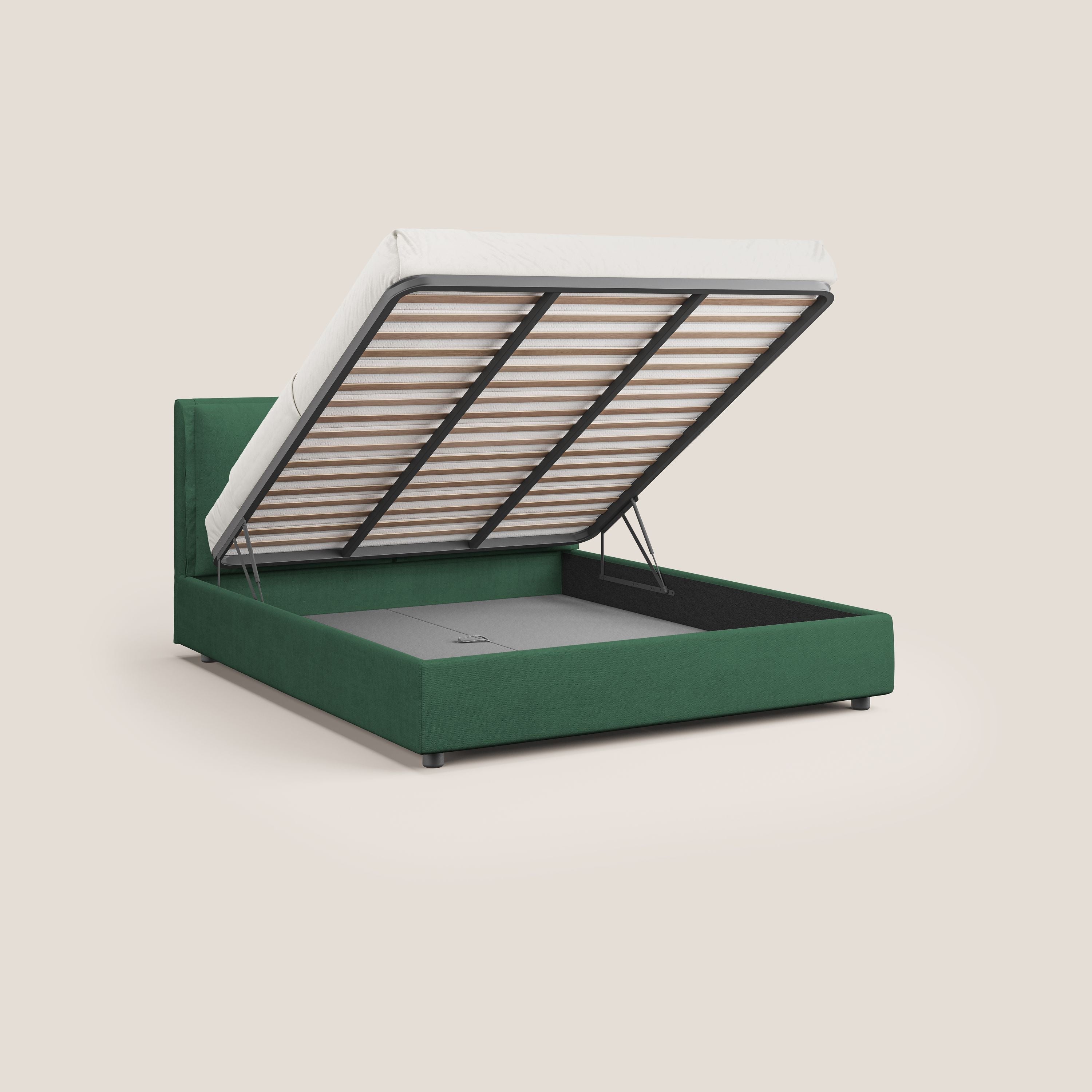 Travis letto contenitore con cuscini mobili trapuntati in tessuto impermeabile T02 verde - divani.store