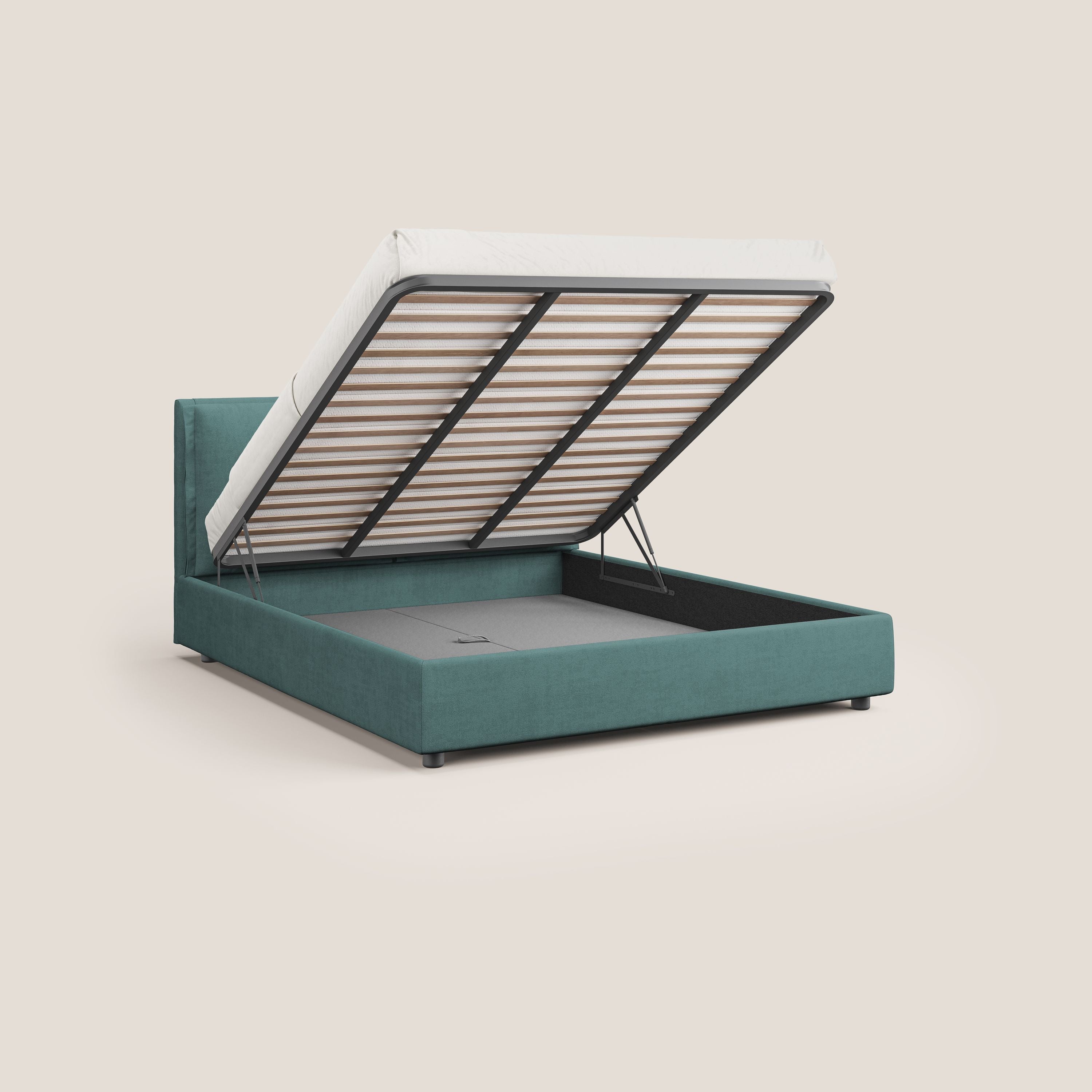 Travis letto contenitore con cuscini mobili trapuntati in tessuto impermeabile T02 petrolio - divani.store