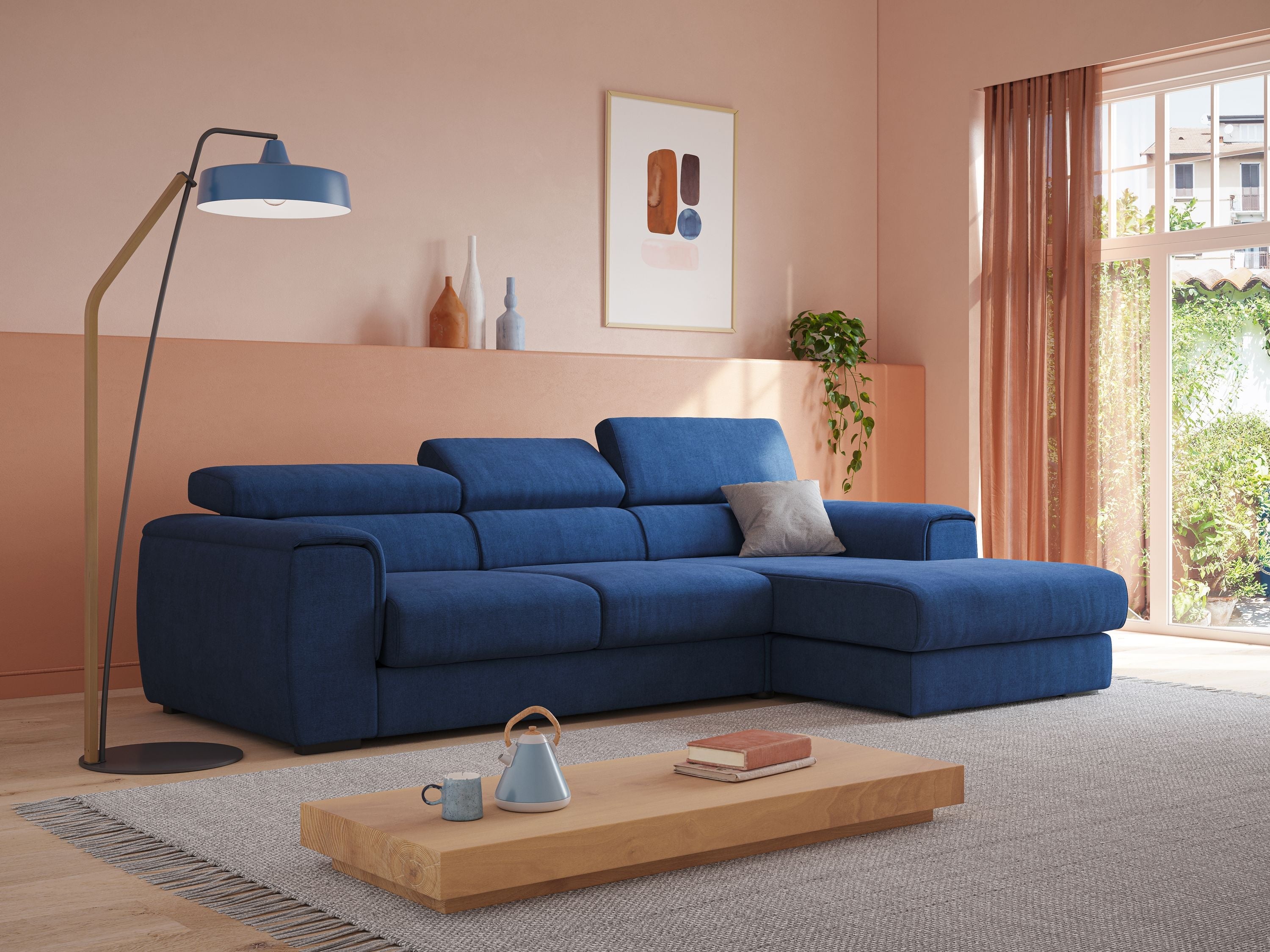 Zeno Divano angolare con pouf estraibile poggiapiedi in tessuto morbido impermeabile T02 blu - divani.store