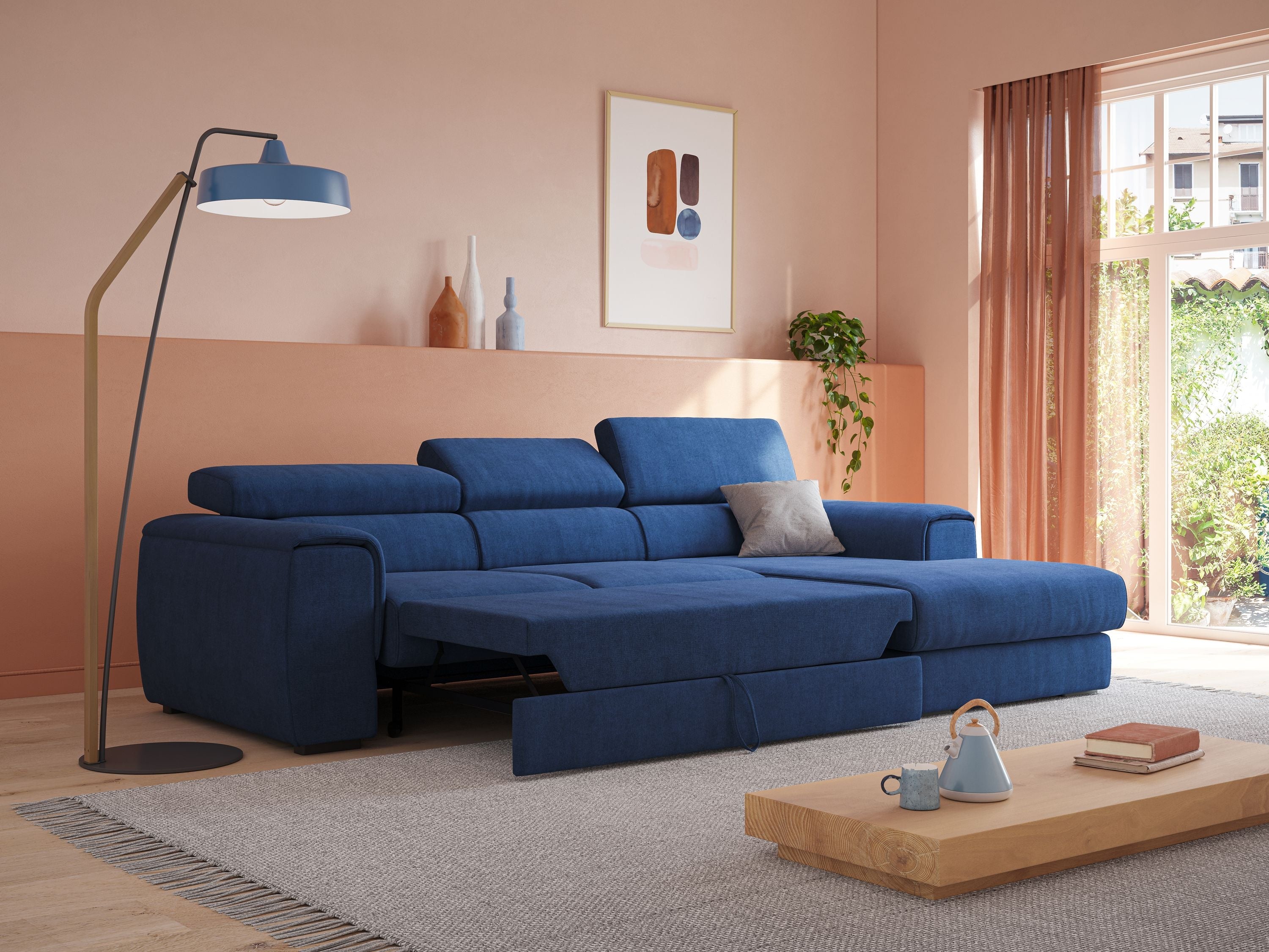 Zeno Divano angolare con pouf estraibile poggiapiedi in tessuto morbido impermeabile T02 blu - divani.store