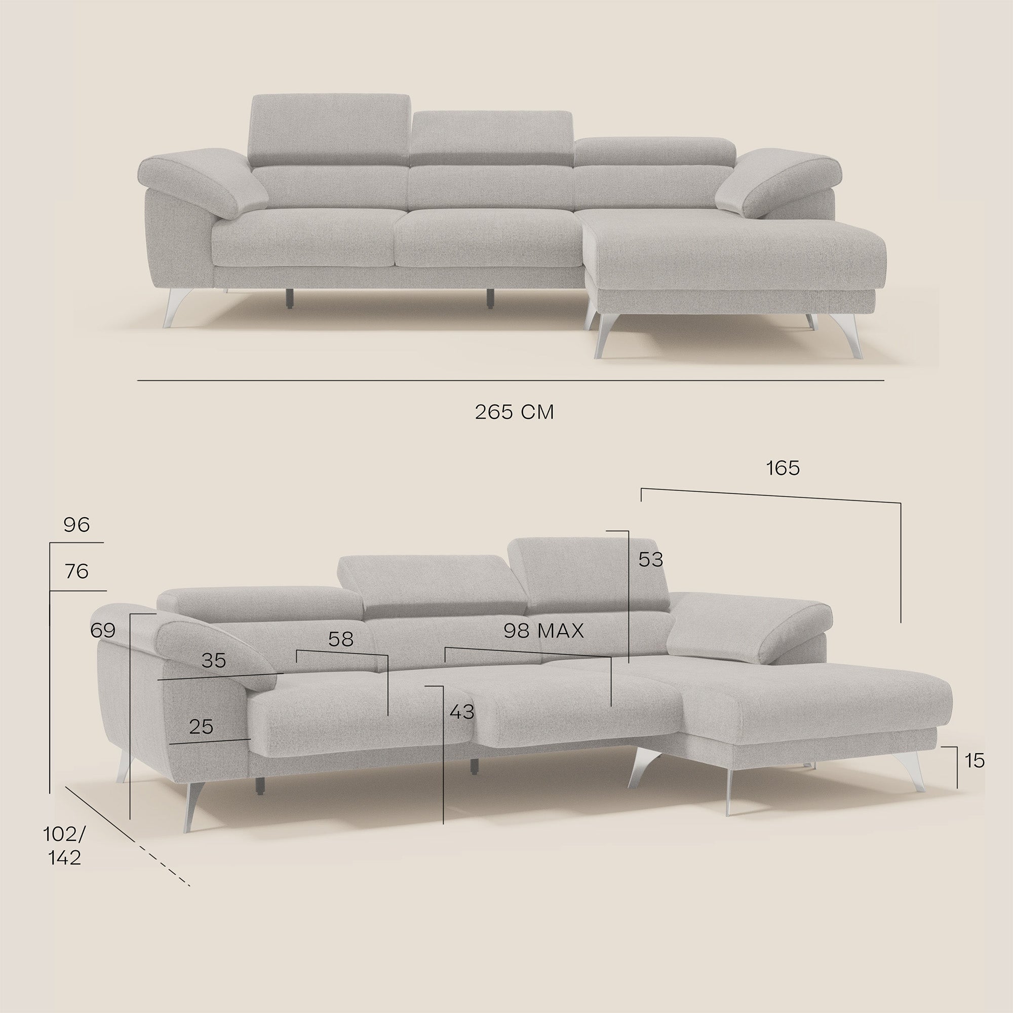 Donatello Canapé d'angle avec assises extensibles accoudoirs avec coffre et têtières en tissu détachable T23 tortora