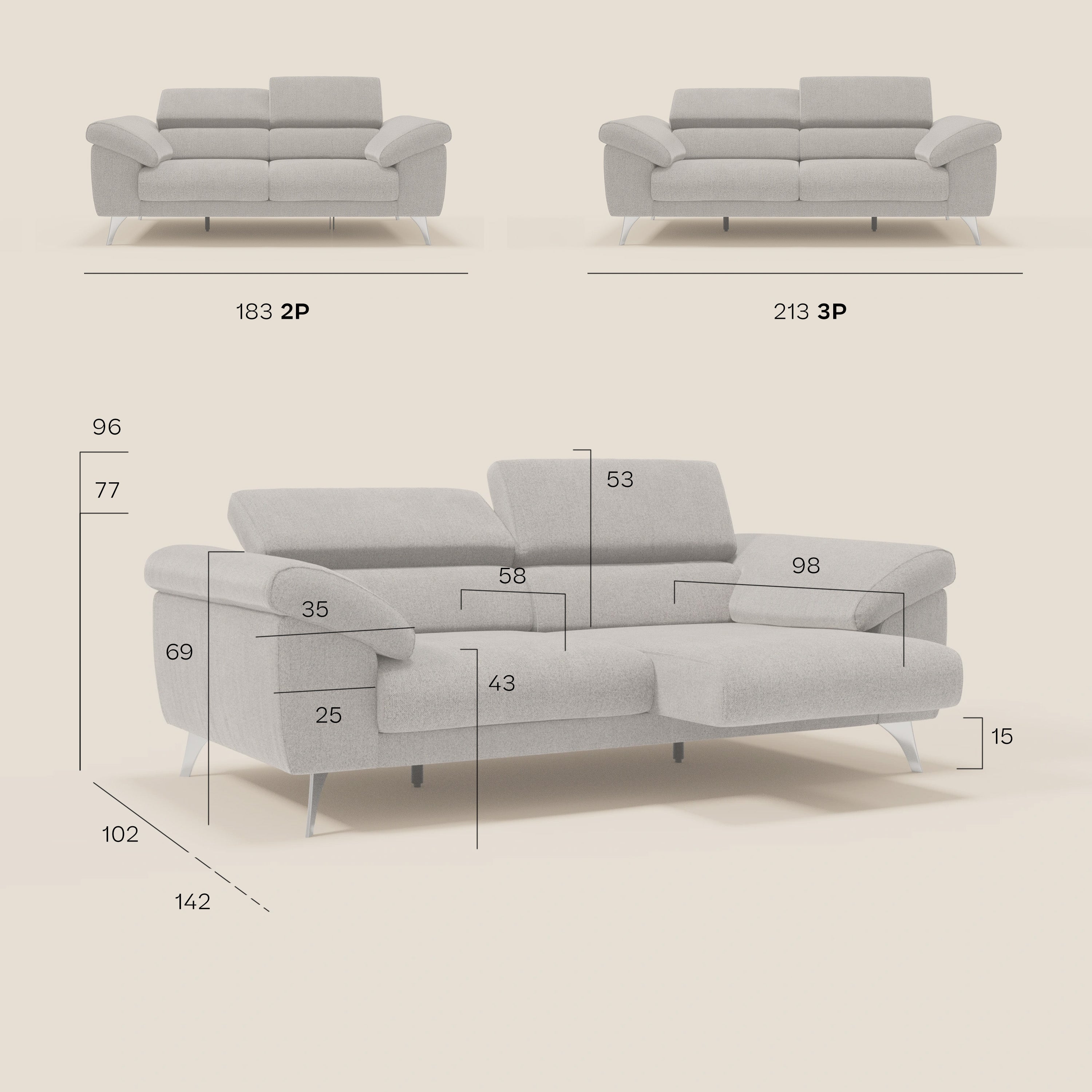 Donatello Canapé avec assises extensibles accoudoirs avec coffre et têtières inclinables en tissu détachable T23 crème