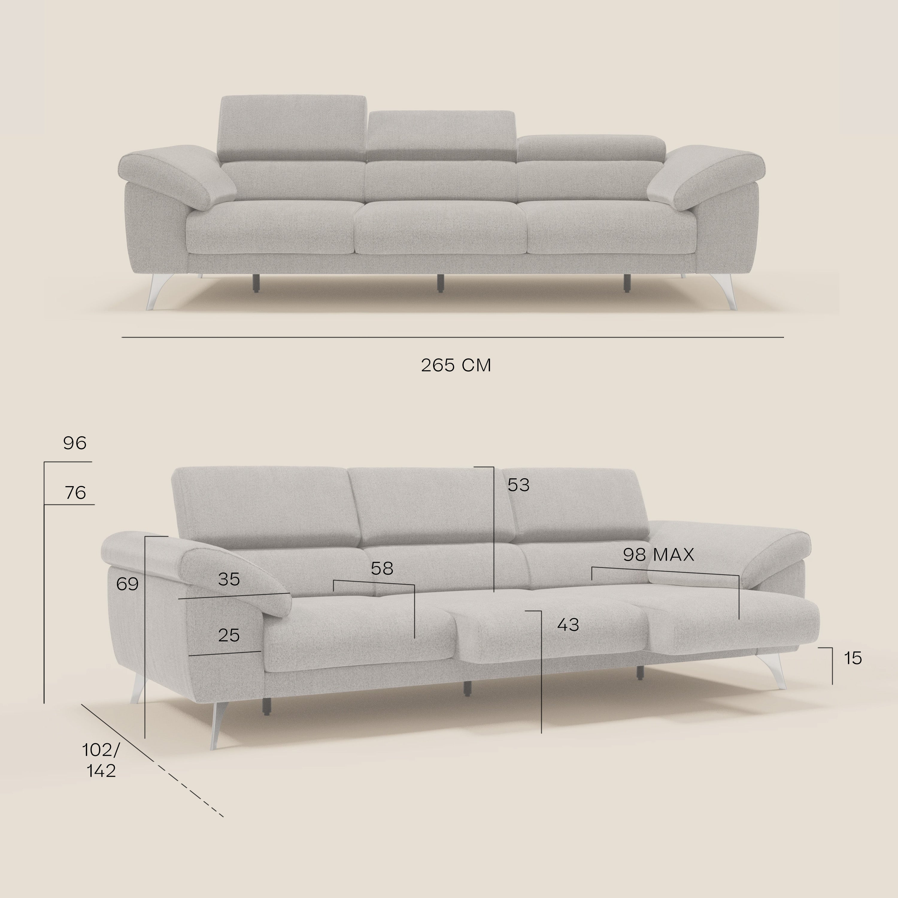 Donatello Canapé avec 3 assises extensibles accoudoirs avec coffre et têtières inclinables en tissu détachable T23 beige