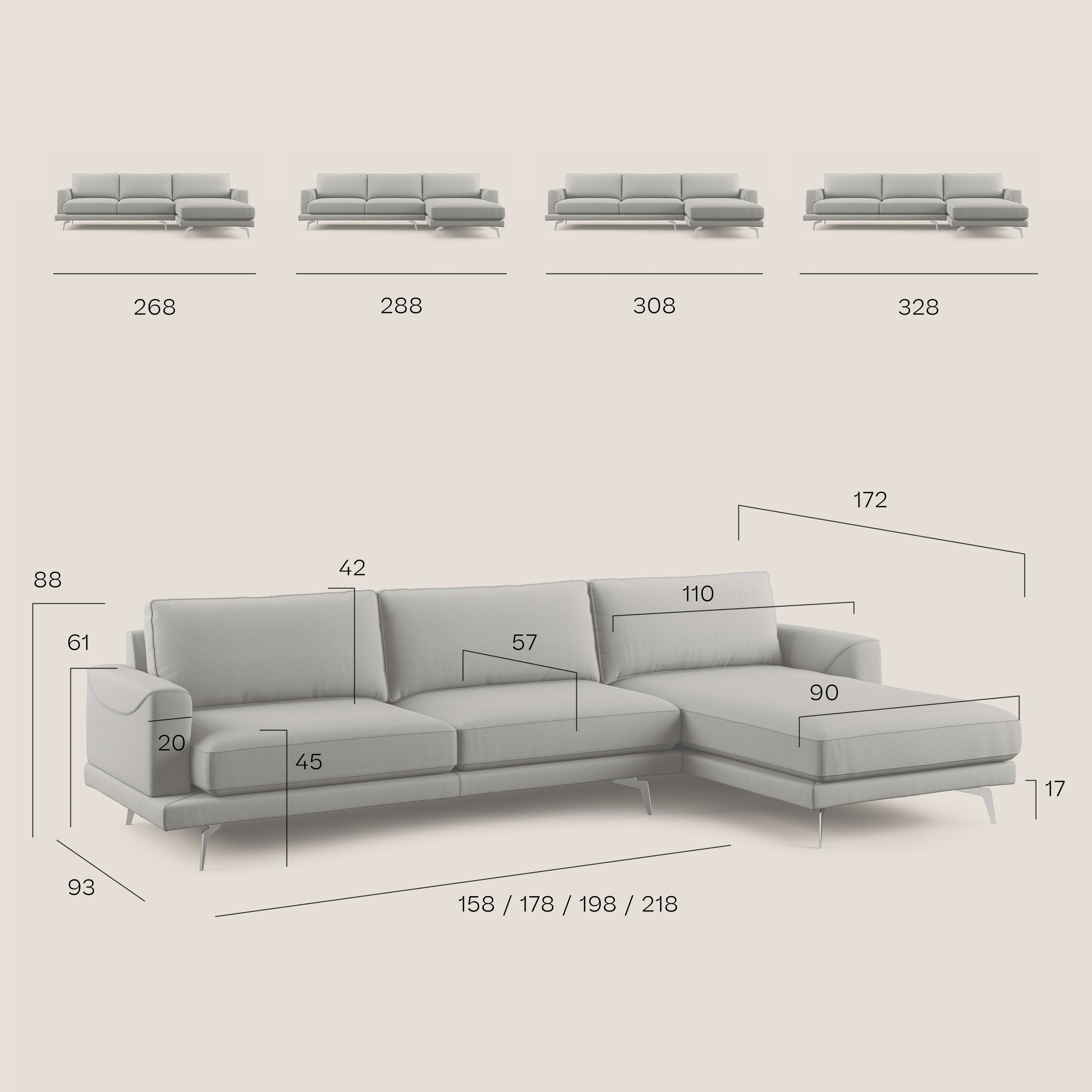 Dorian divano moderno angolare con penisola in tessuto morbido antimacchia T05 panna - divani.store