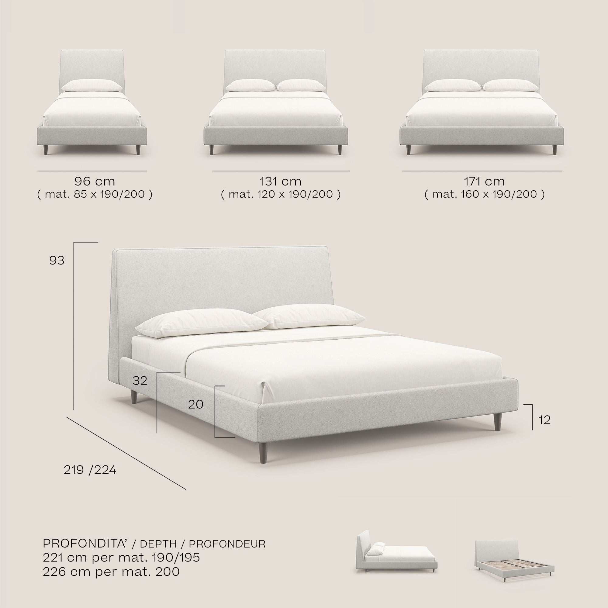 Dorotea letto imbottito con piedi in legno in morbido bouclé impermeabile T07 azzurro - divani.store