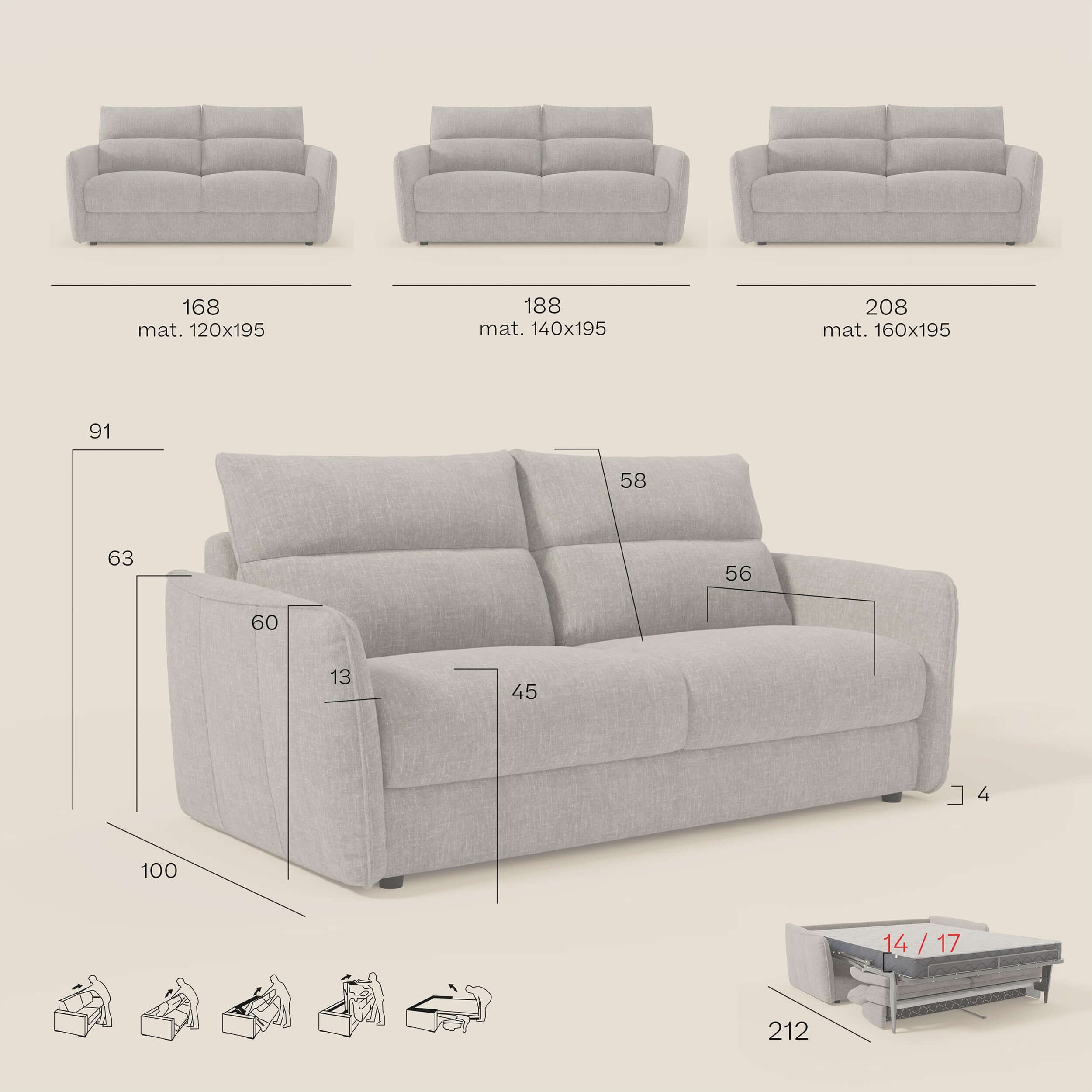 Elios Canapé convertible avec coussins de dossier souples en tissu détachable T24 gris